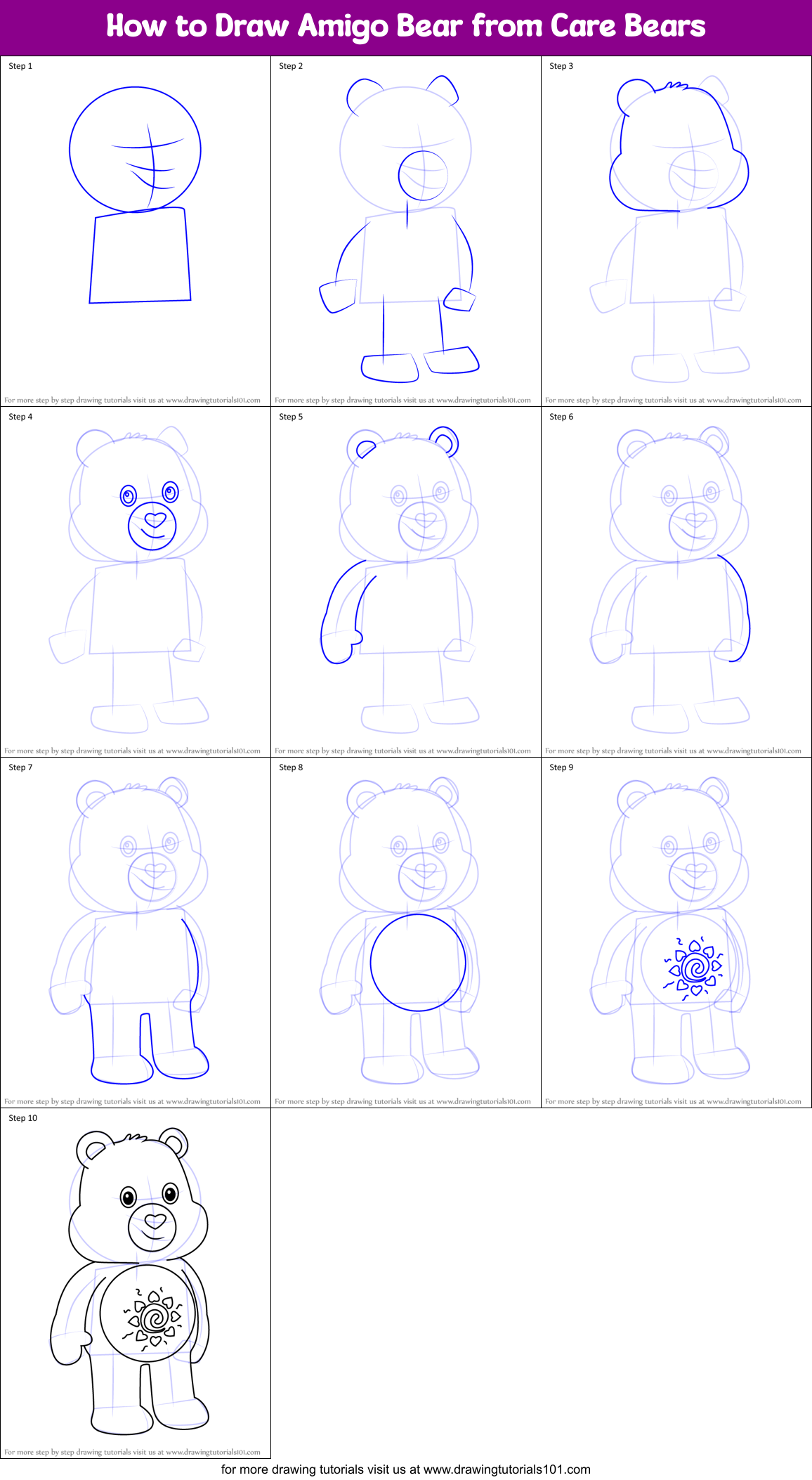 How to Draw Amigo Bear from Care Bears Printable Step by Step