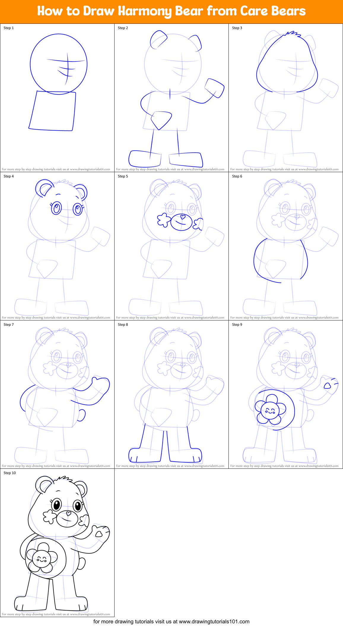 How to Draw Harmony Bear from Care Bears Printable Step by Step