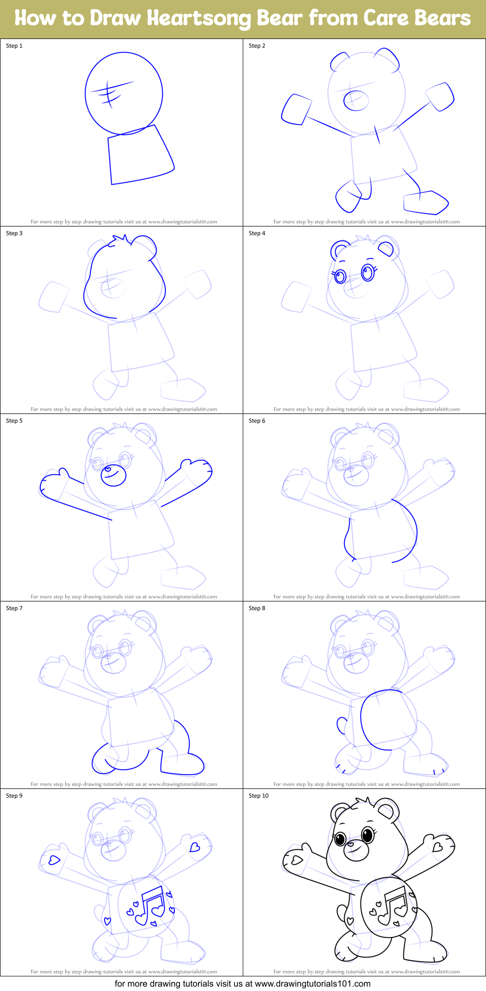 How to Draw Heartsong Bear from Care Bears Printable Step by Step