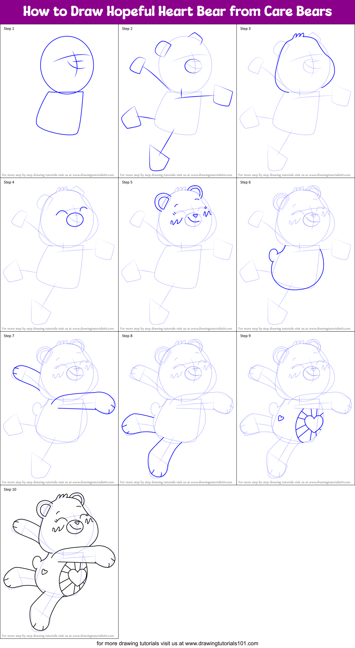 How to Draw Hopeful Heart Bear from Care Bears Printable Step by Step