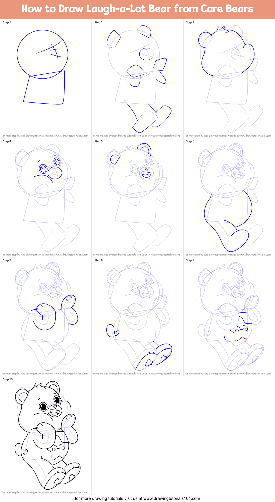 How to Draw Laugh-a-Lot Bear from Care Bears Printable Step by Step
