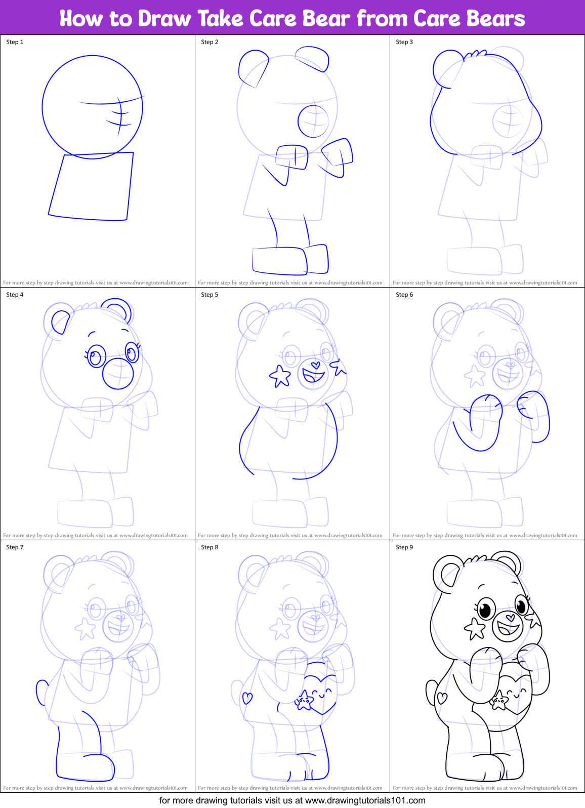 How to Draw Take Care Bear from Care Bears Printable Step by Step