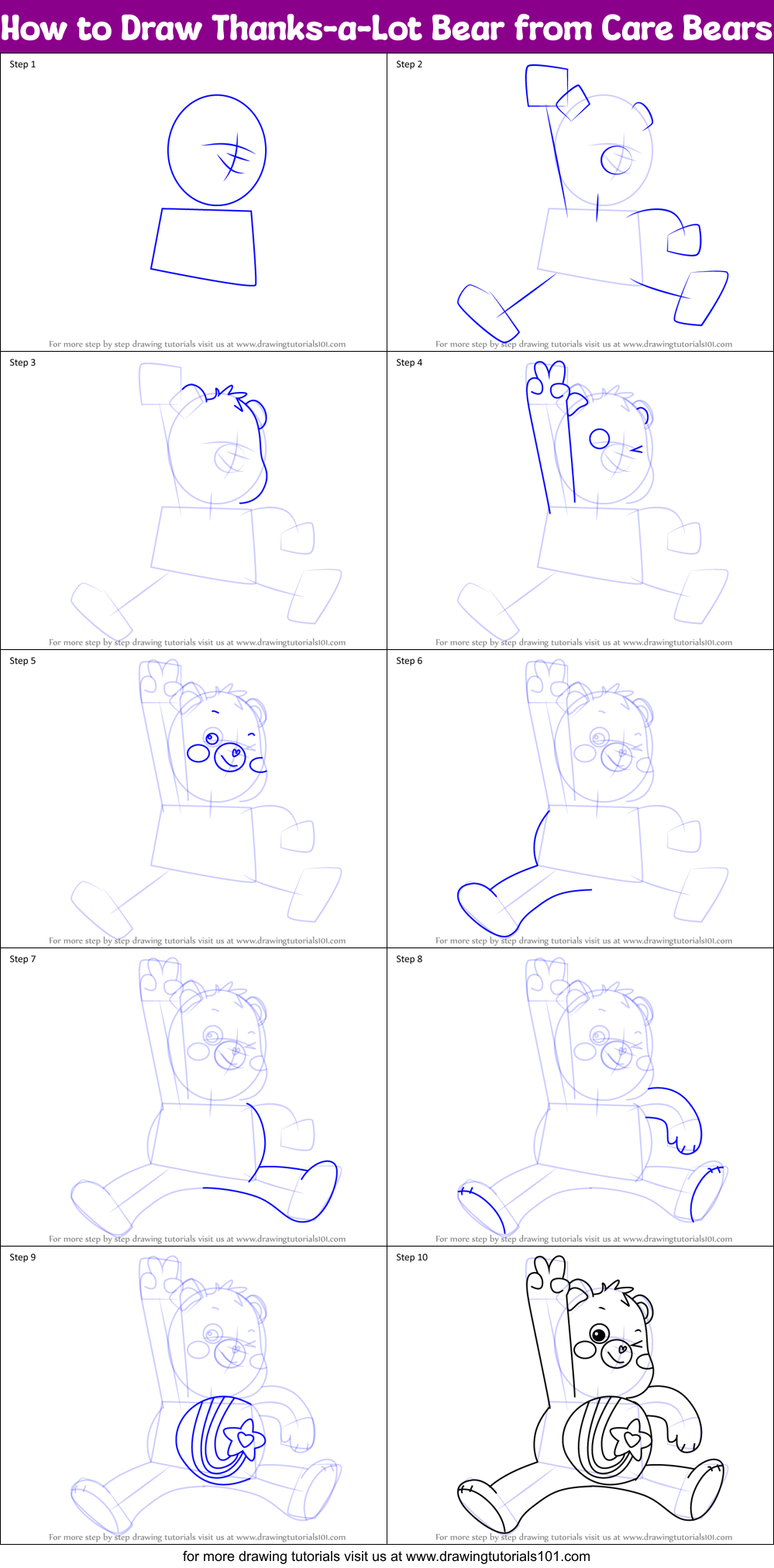 How to Draw Thanks-a-Lot Bear from Care Bears Printable Step by Step