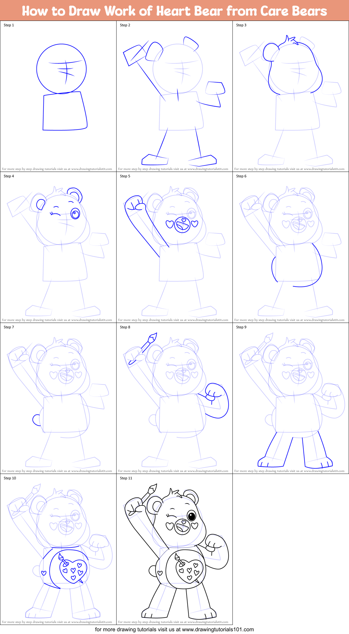How to Draw Work of Heart Bear from Care Bears Printable Step by Step