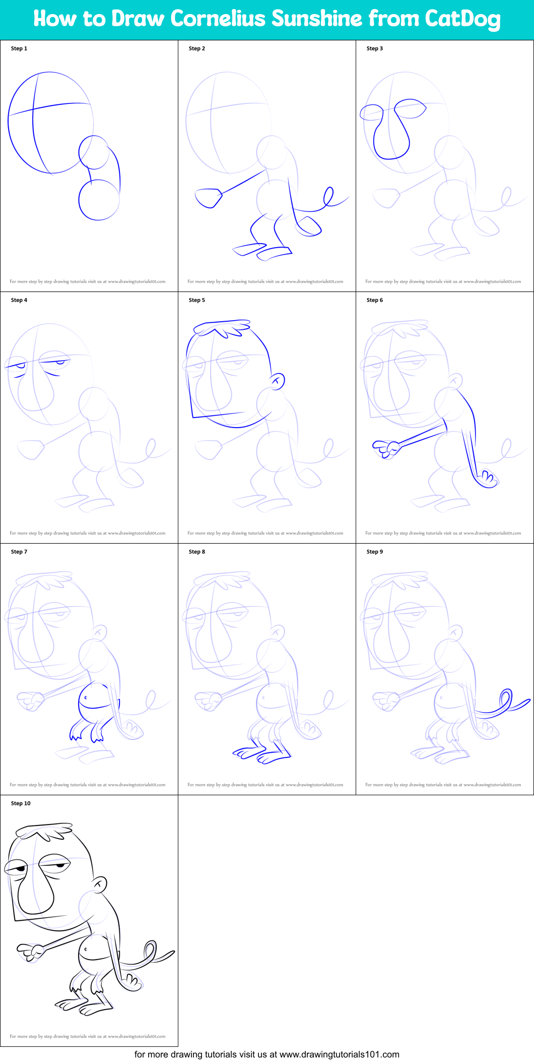 How to Draw Cornelius Sunshine from CatDog Printable Step by Step