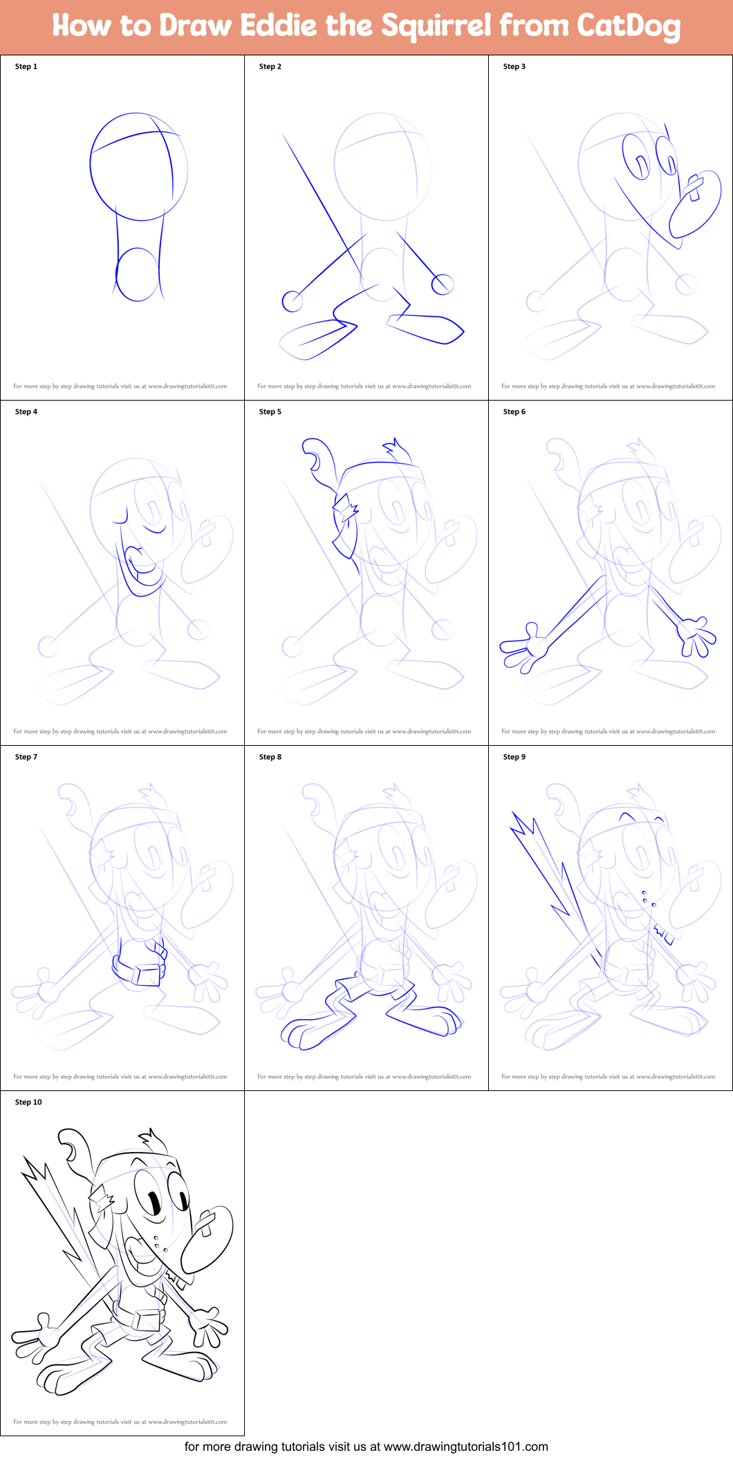 How to Draw Eddie the Squirrel from CatDog Printable Step by Step