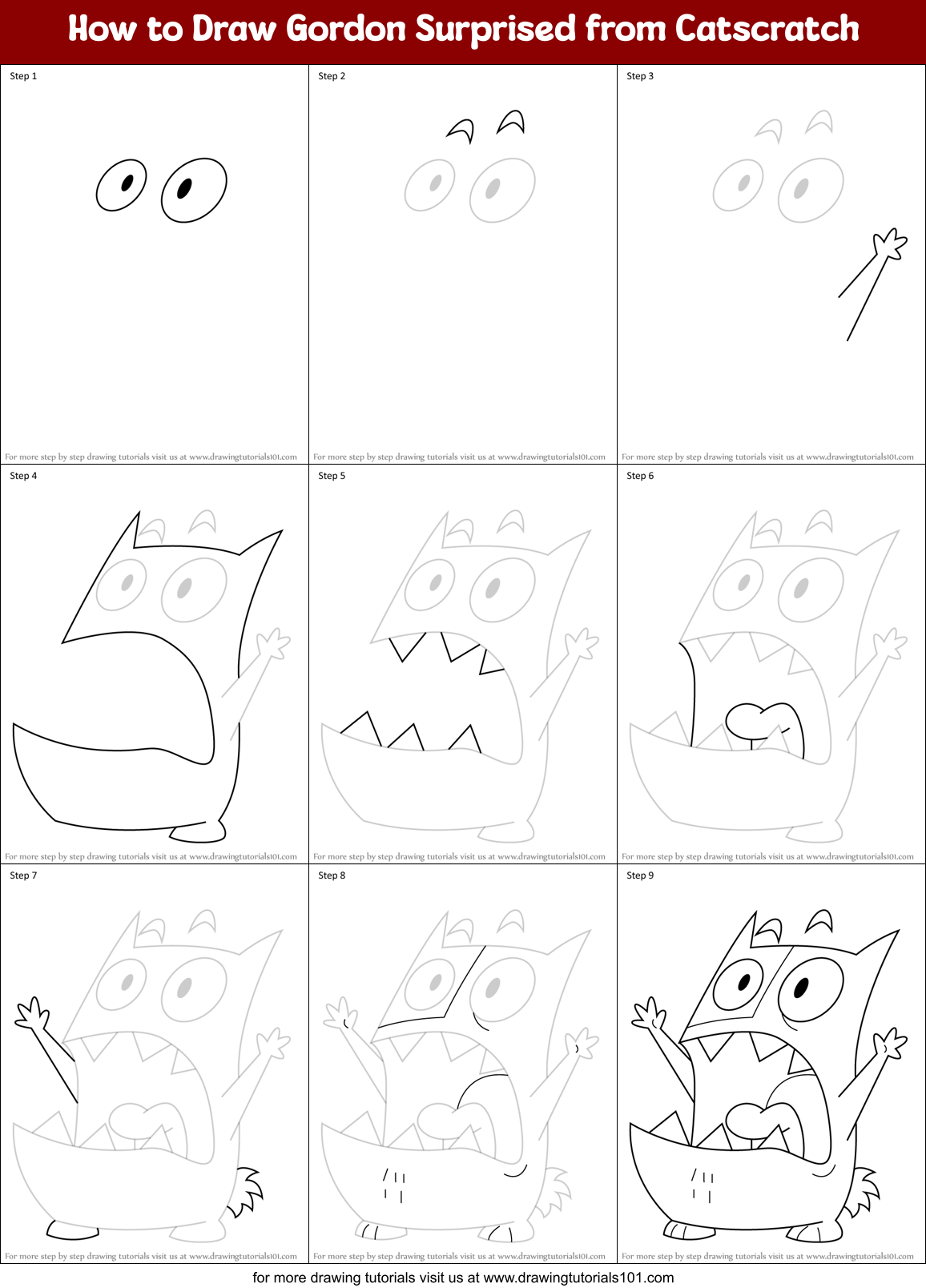 How to Draw Gordon Surprised from Catscratch Printable Step by Step
