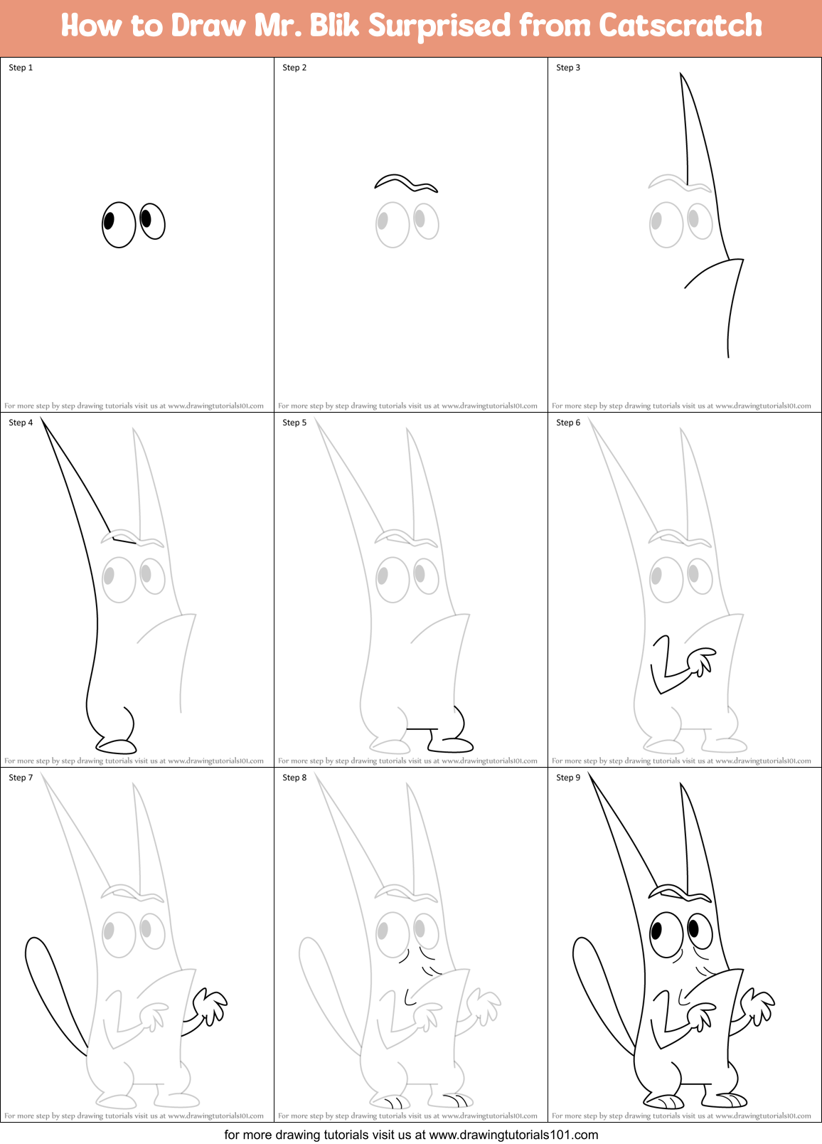 How to Draw Mr. Blik Surprised from Catscratch Printable Step by Step
