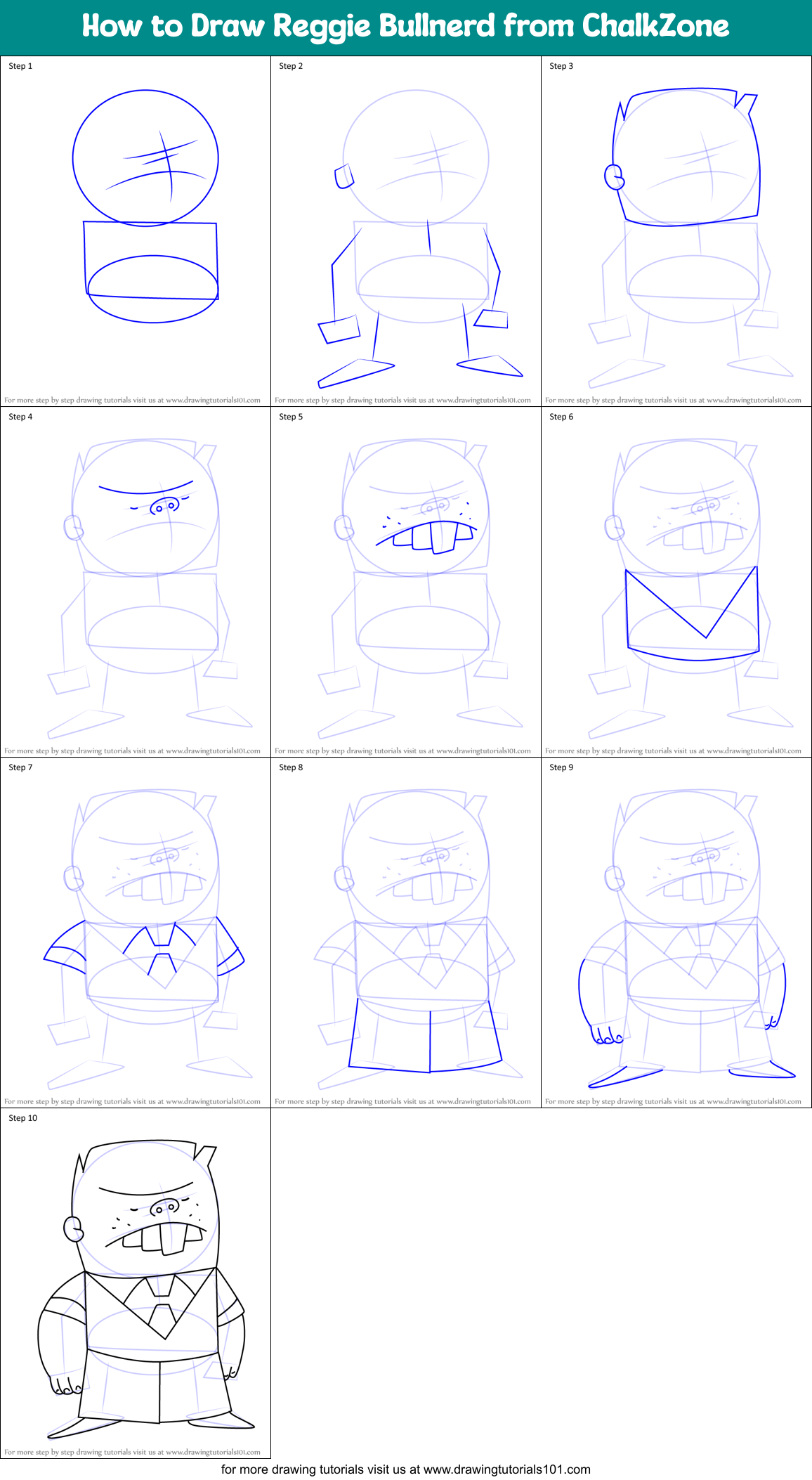 How to Draw Reggie Bullnerd from ChalkZone Printable Step by Step