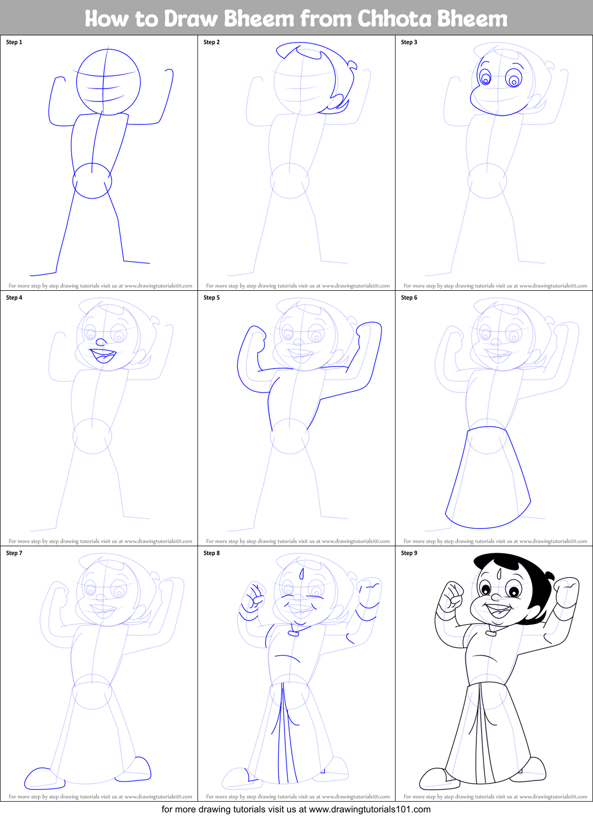 How to Draw Bheem from Chhota Bheem Printable Step by Step