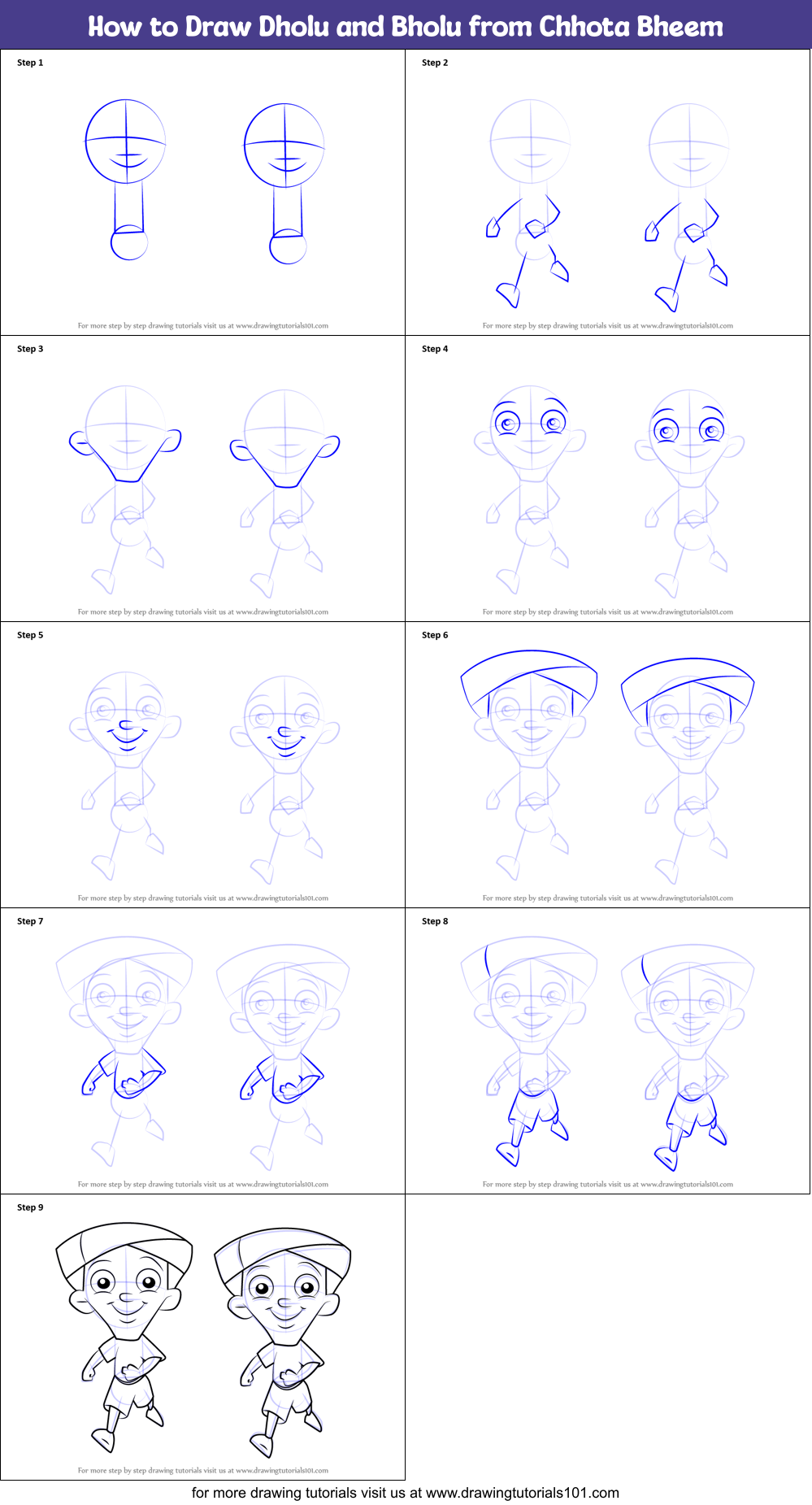 How to Draw Dholu and Bholu from Chhota Bheem Printable Step by Step