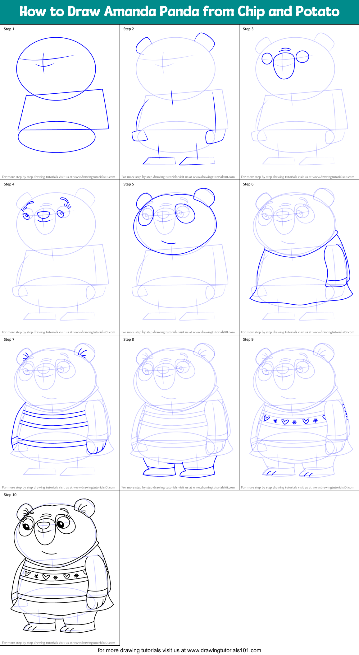 How to Draw Amanda Panda from Chip and Potato Printable Step by Step