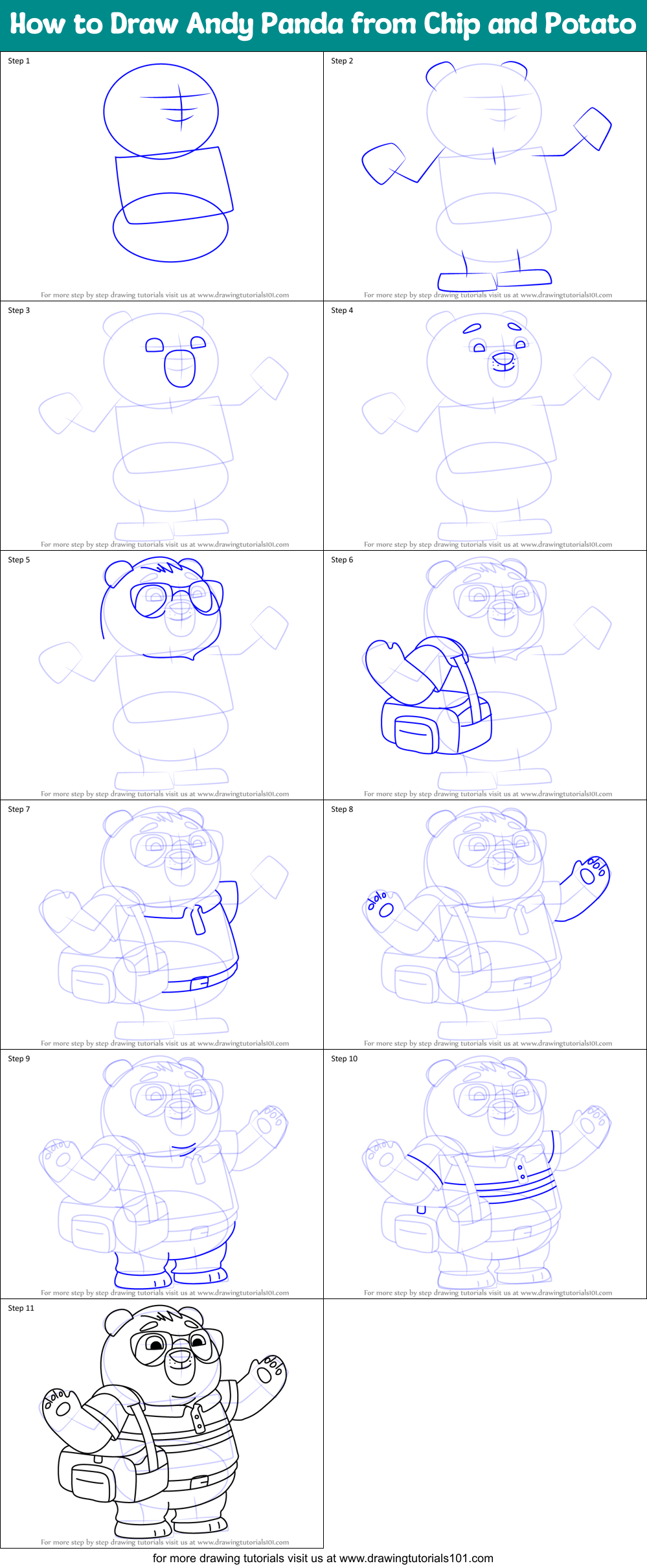 How to Draw Andy Panda from Chip and Potato Printable Step by Step