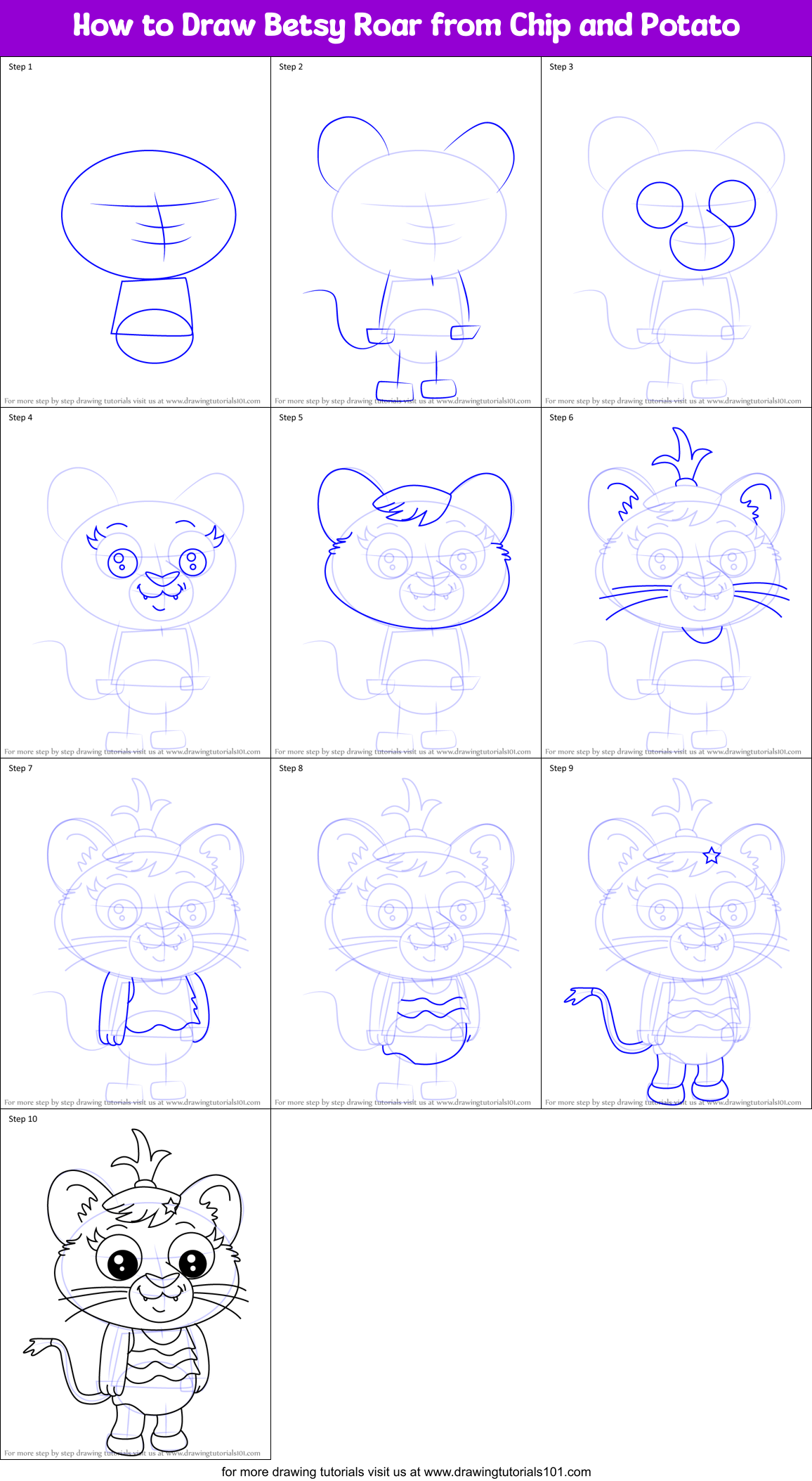 How to Draw Betsy Roar from Chip and Potato Printable Step by Step