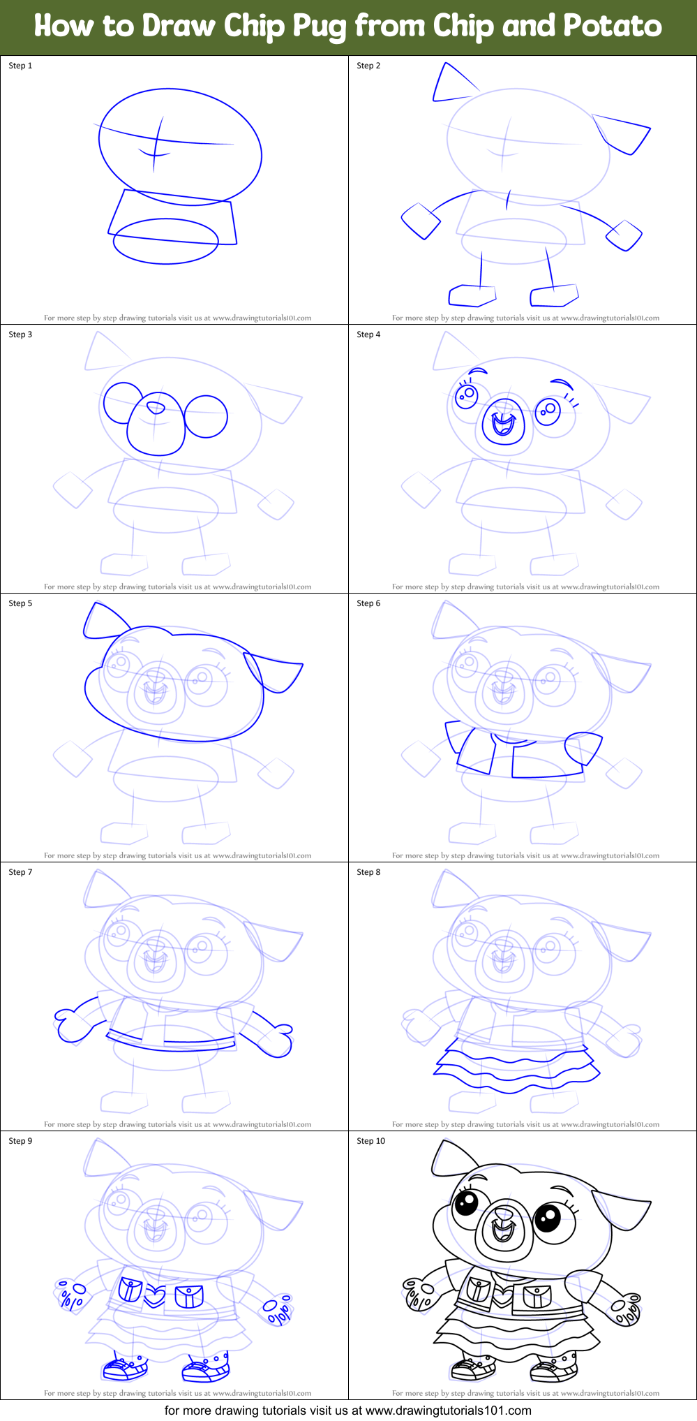 How to Draw Chip Pug from Chip and Potato Printable Step by Step