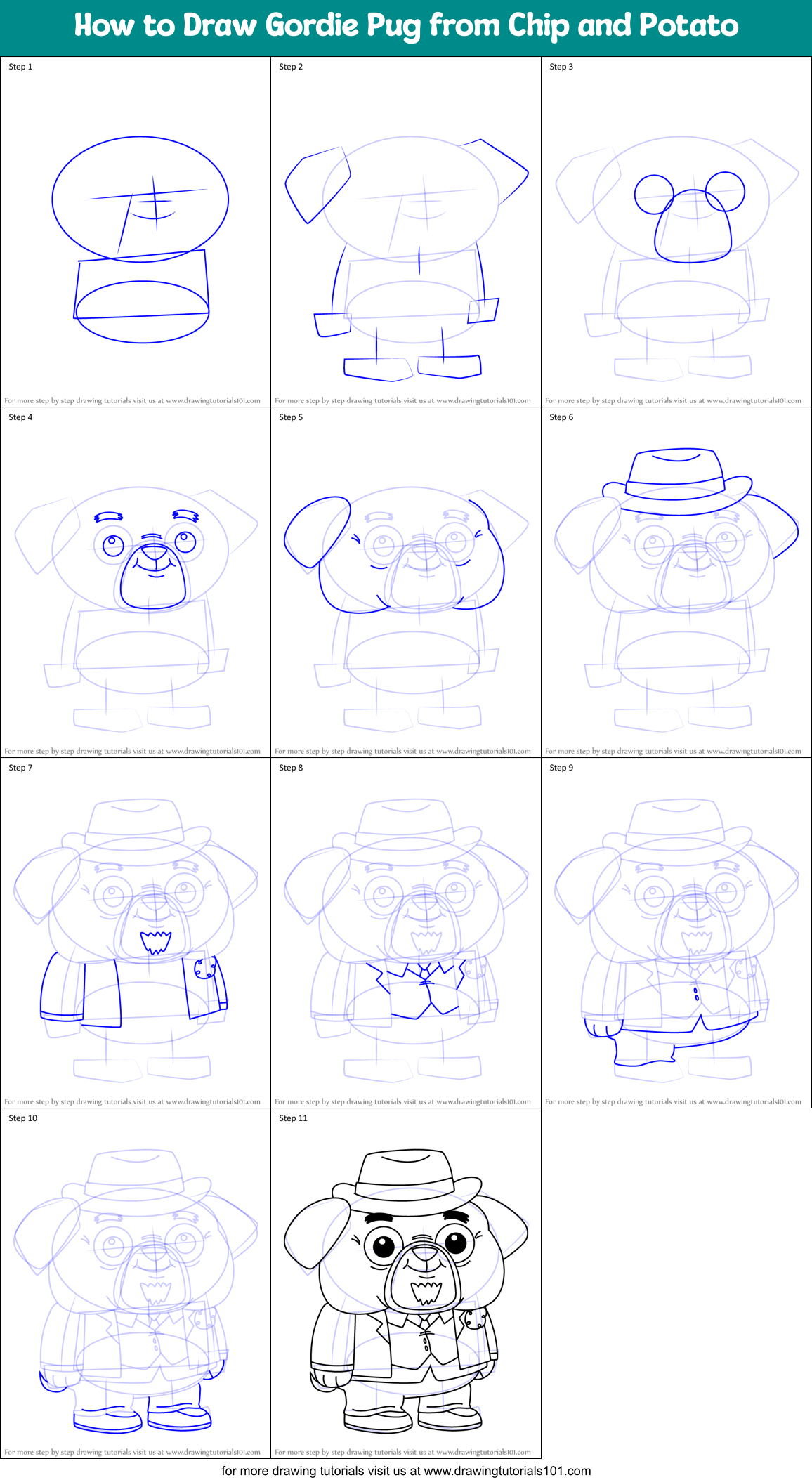 How to Draw Gordie Pug from Chip and Potato Printable Step by Step