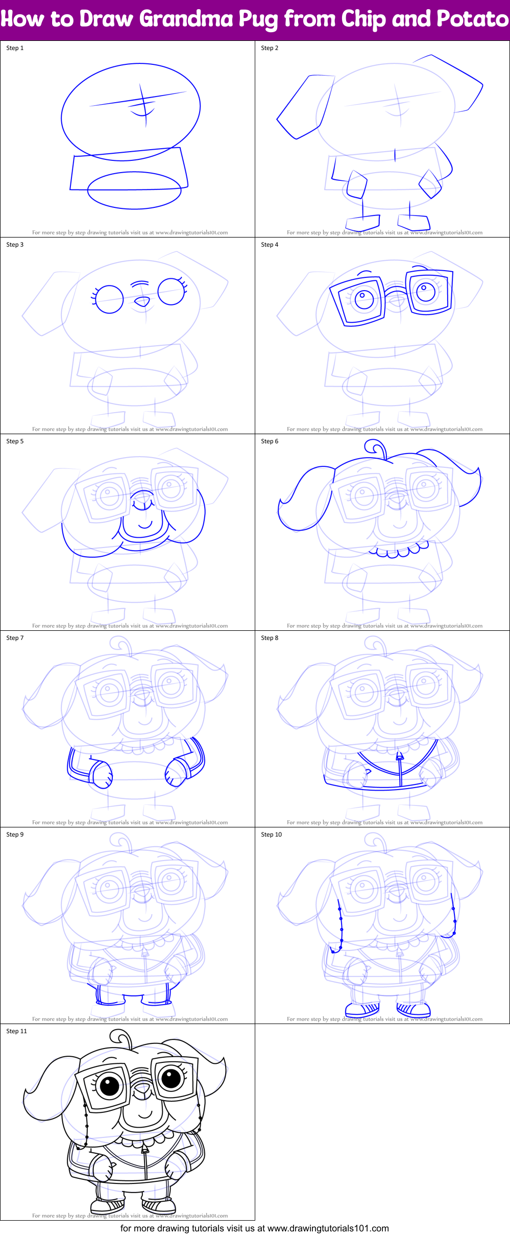 How to Draw Grandma Pug from Chip and Potato Printable Step by Step