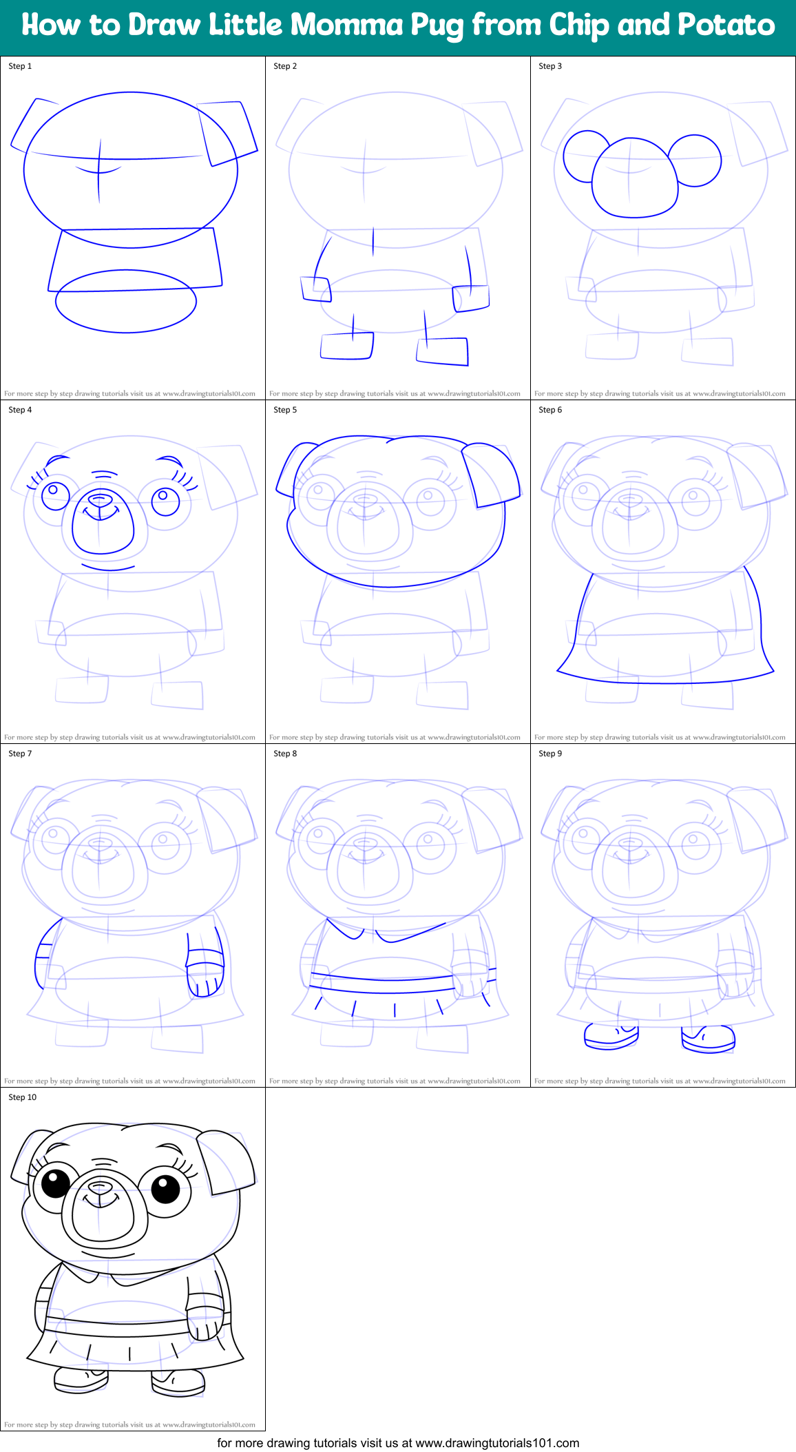How to Draw Little Momma Pug from Chip and Potato Printable Step by Step