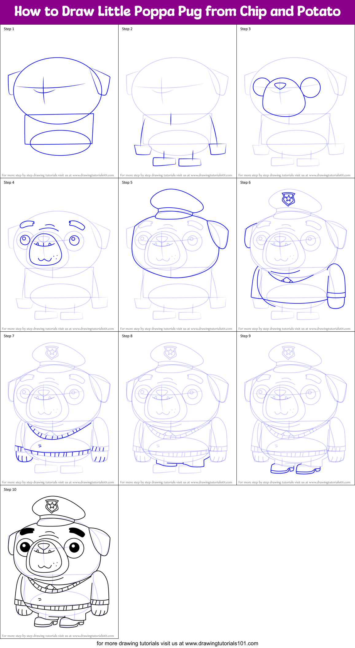 How to Draw Little Poppa Pug from Chip and Potato Printable Step by Step