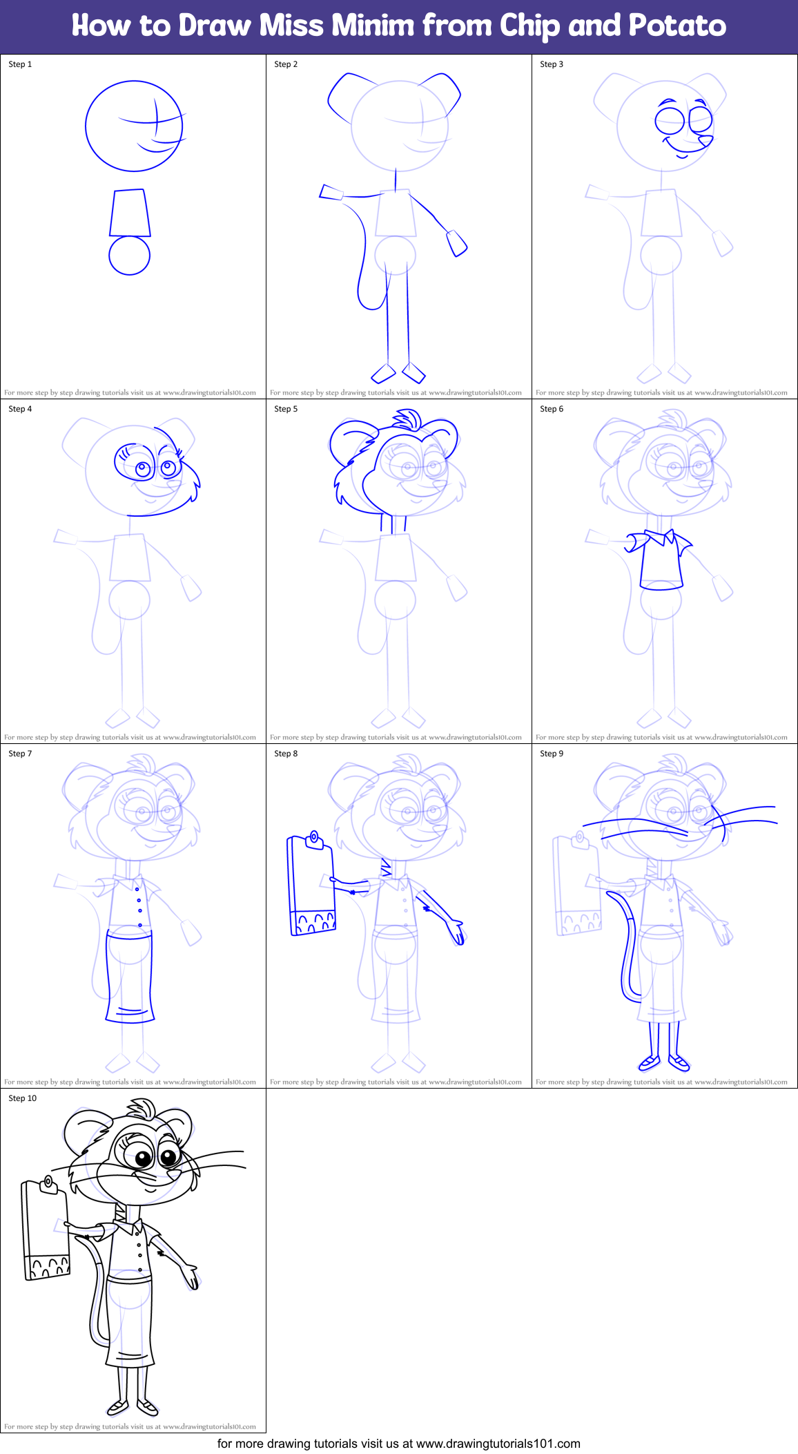 How to Draw Miss Minim from Chip and Potato Printable Step by Step