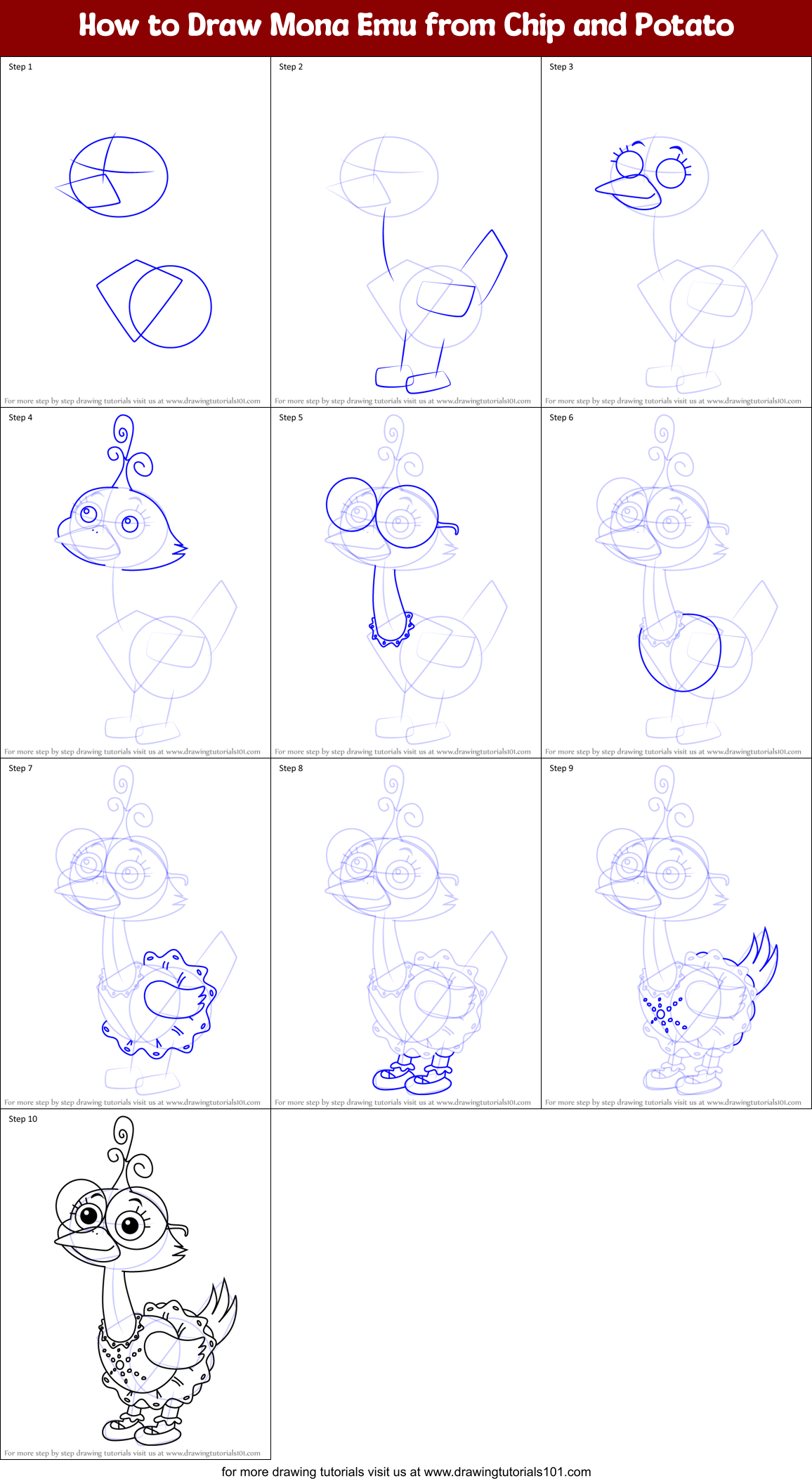 How to Draw Mona Emu from Chip and Potato Printable Step by Step