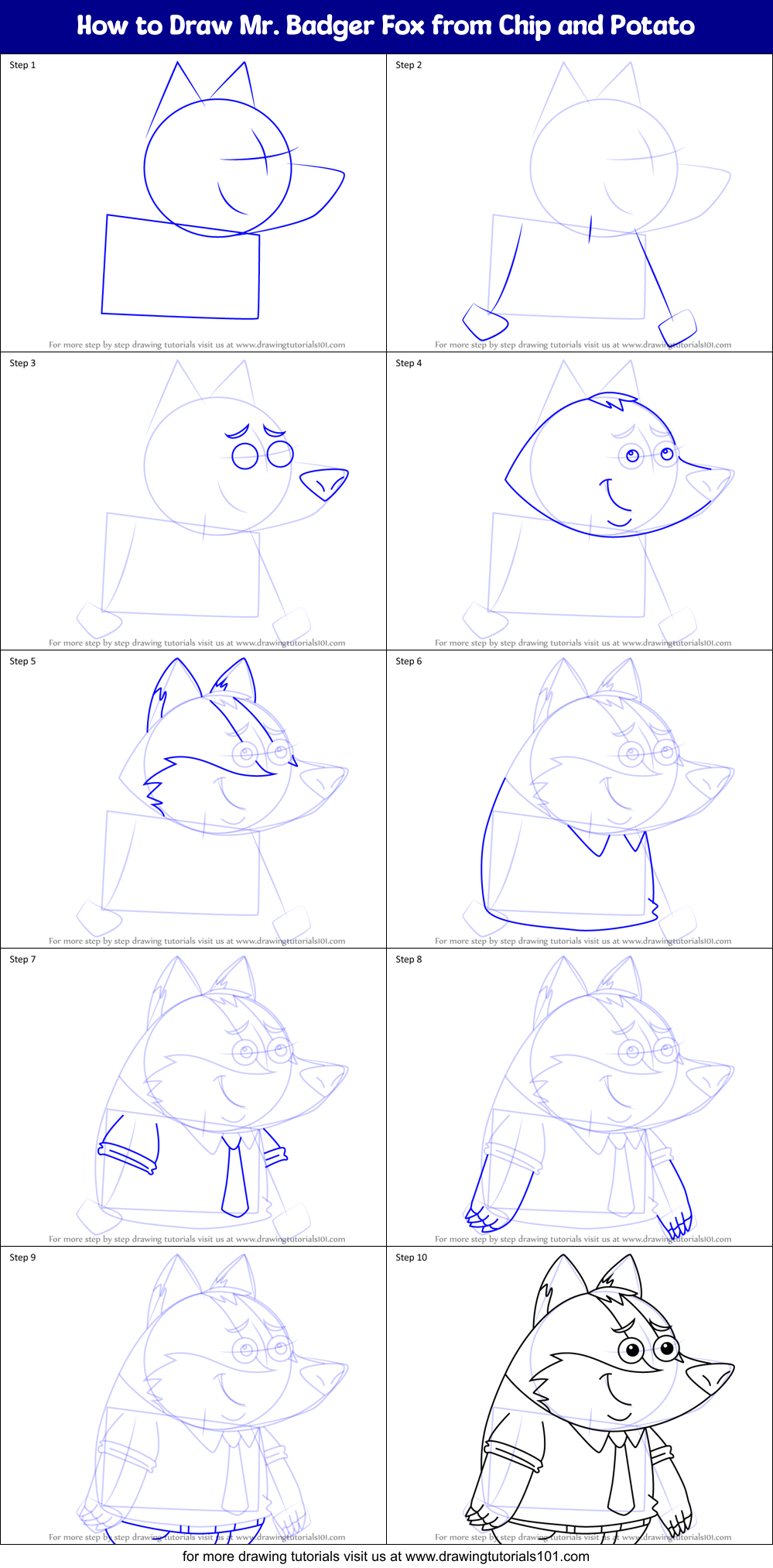 How to Draw Mr. Badger Fox from Chip and Potato Printable Step by Step