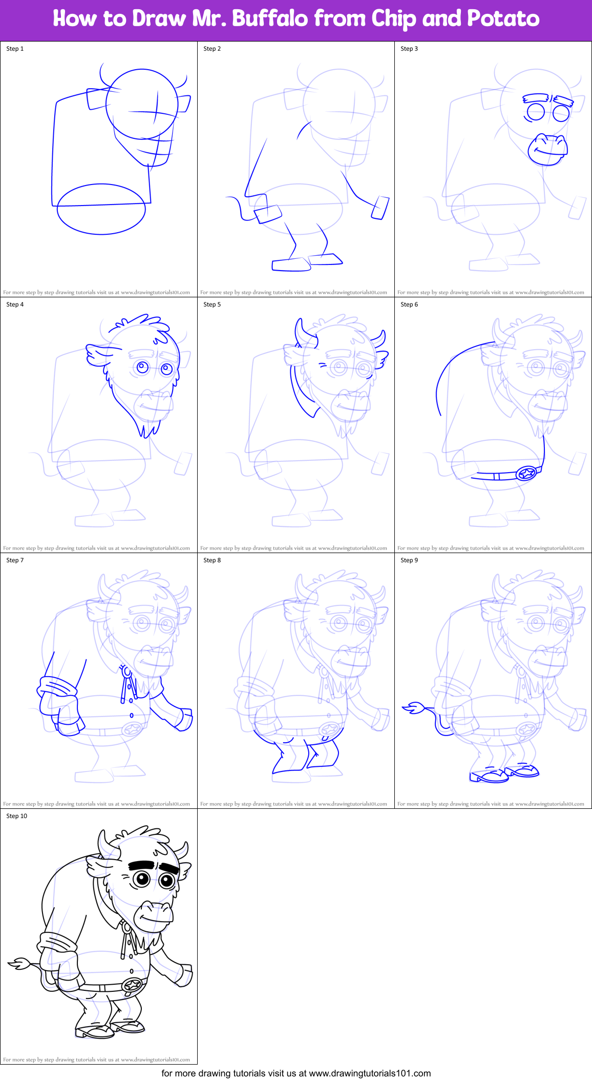 How to Draw Mr. Buffalo from Chip and Potato Printable Step by Step