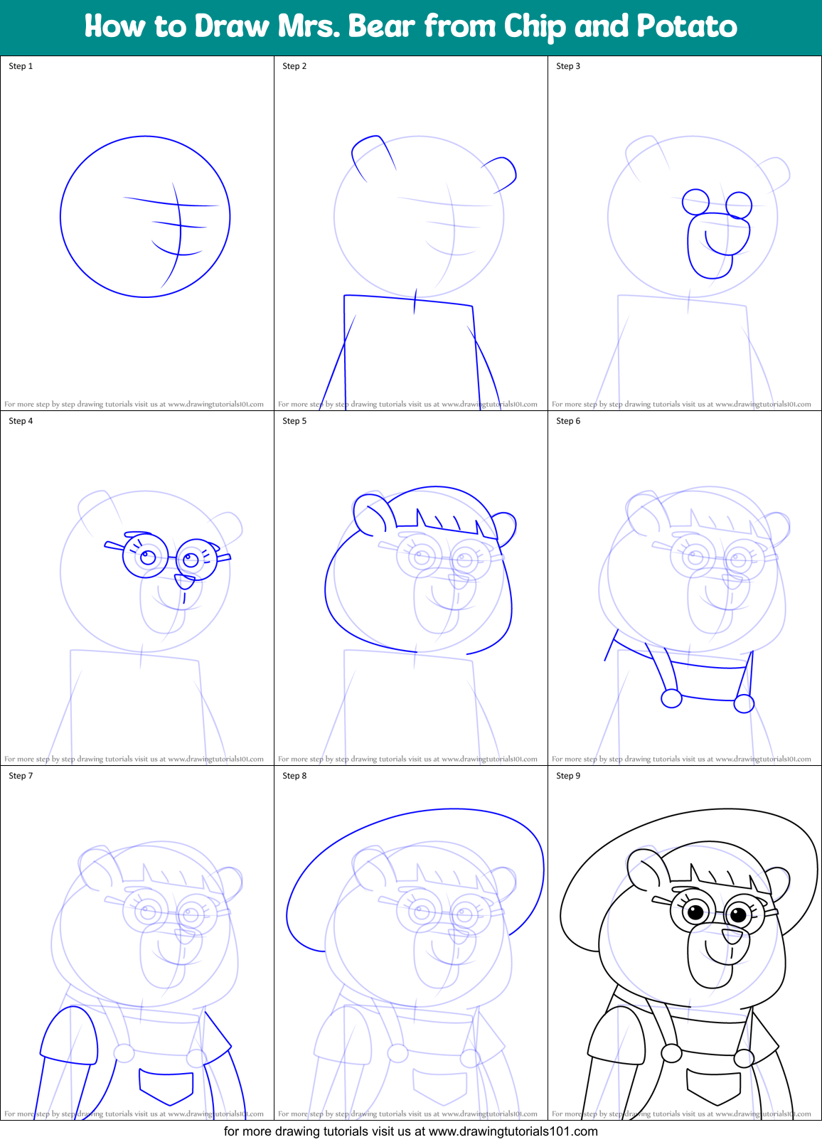 How to Draw Mrs. Bear from Chip and Potato Printable Step by Step