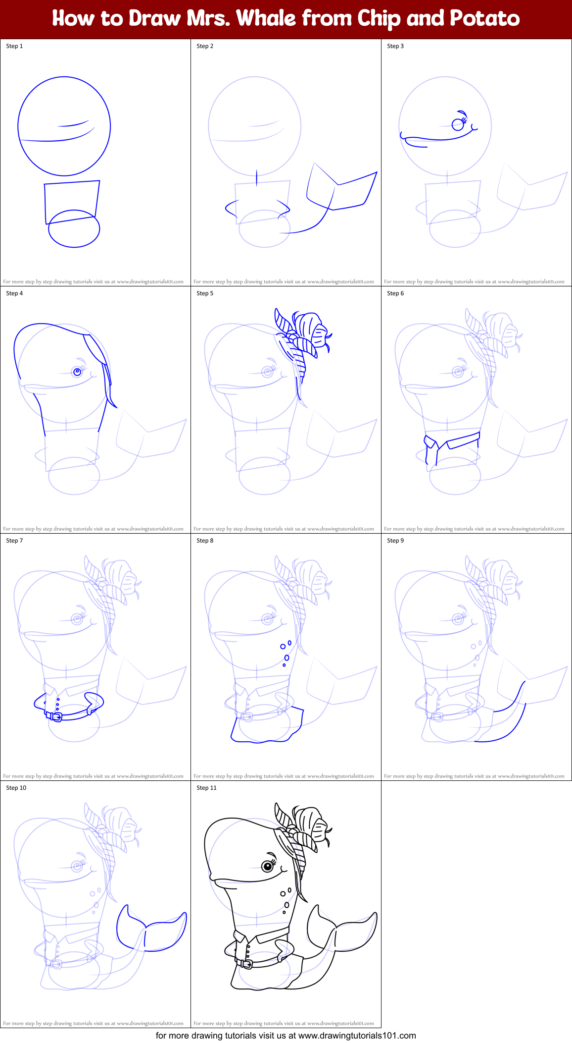 How to Draw Mrs. Whale from Chip and Potato Printable Step by Step