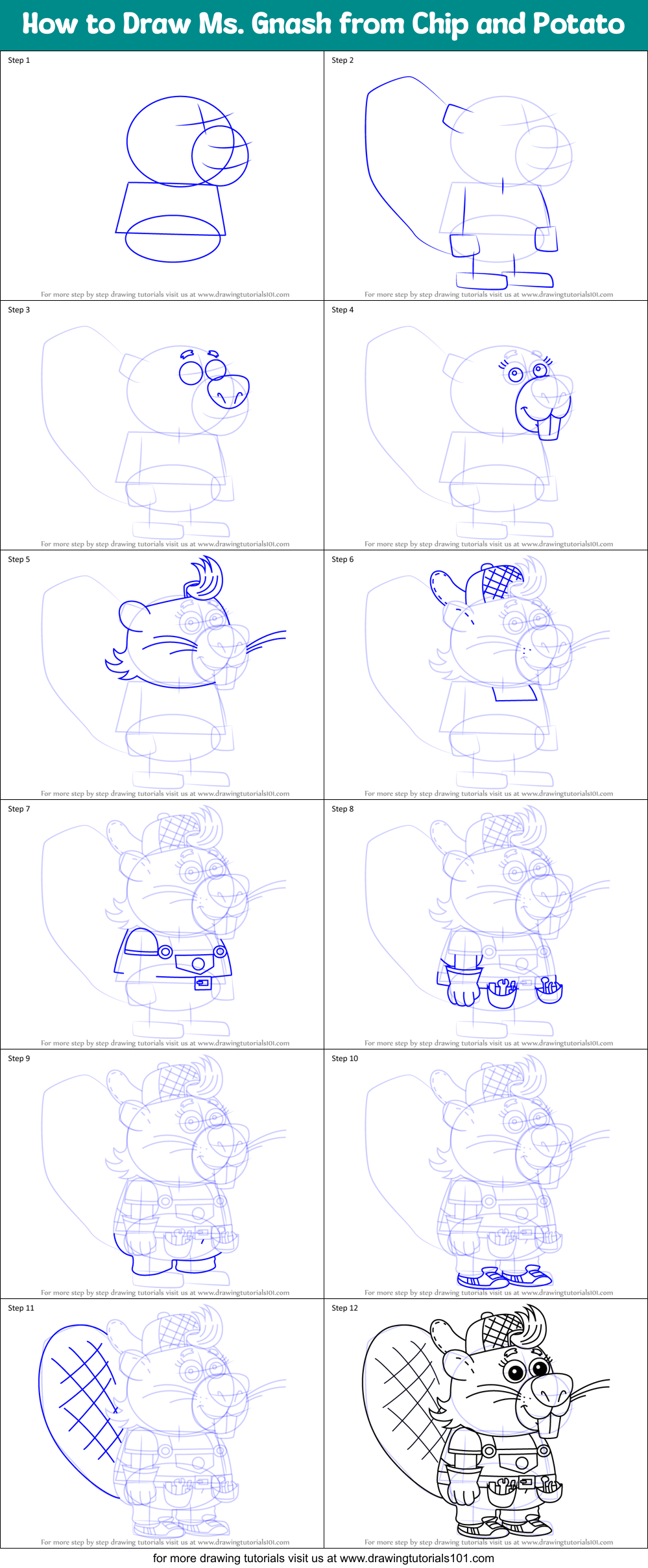 How to Draw Ms. Gnash from Chip and Potato Printable Step by Step