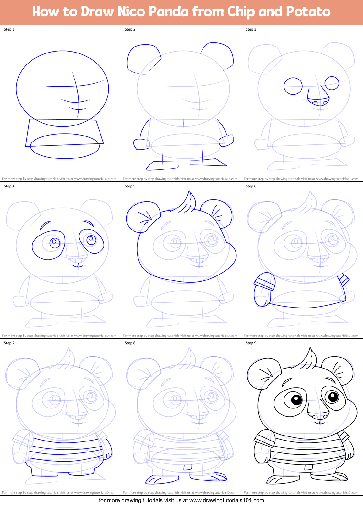 How to Draw Nico Panda from Chip and Potato Printable Step by Step