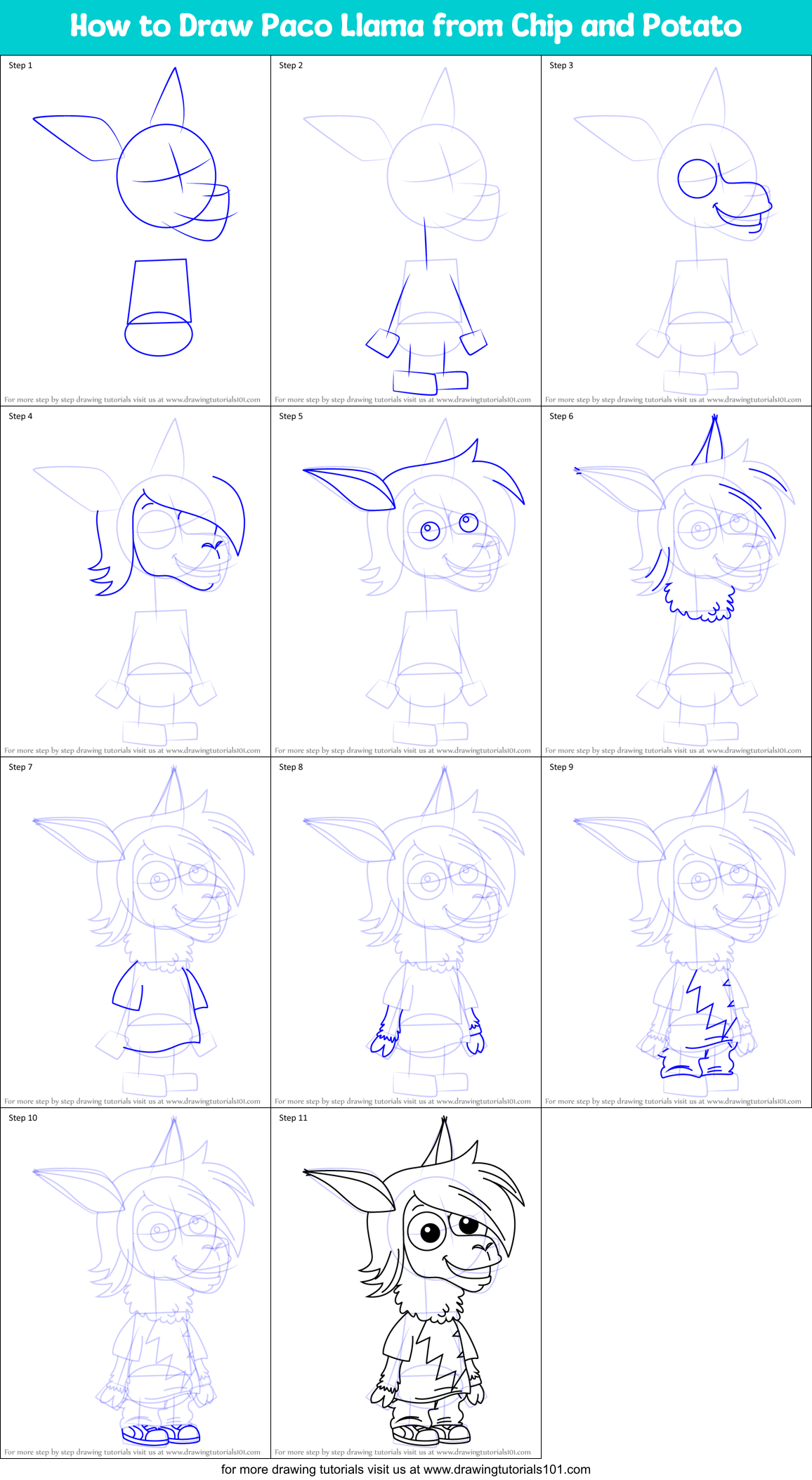 How to Draw Paco Llama from Chip and Potato Printable Step by Step