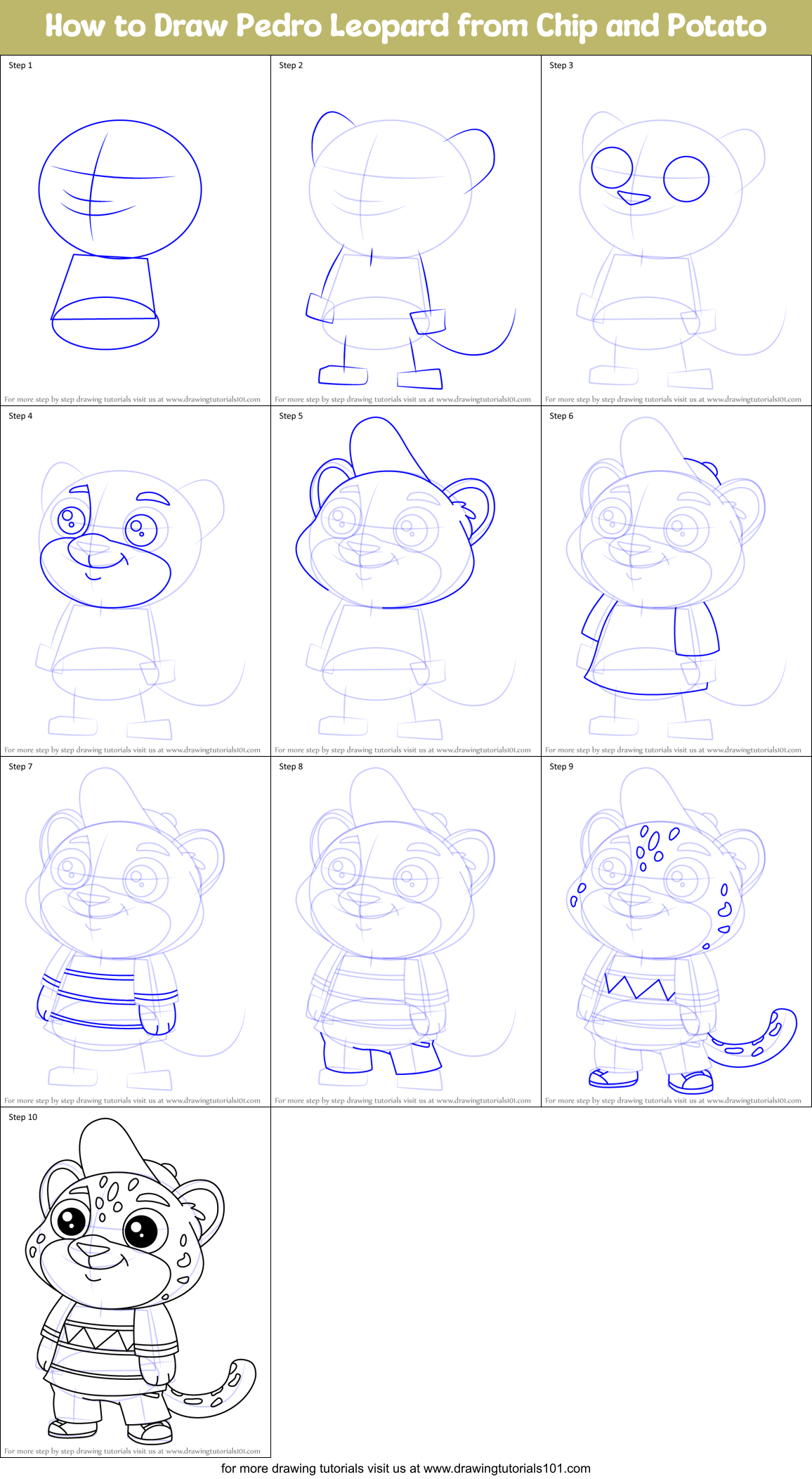 How to Draw Pedro Leopard from Chip and Potato Printable Step by Step