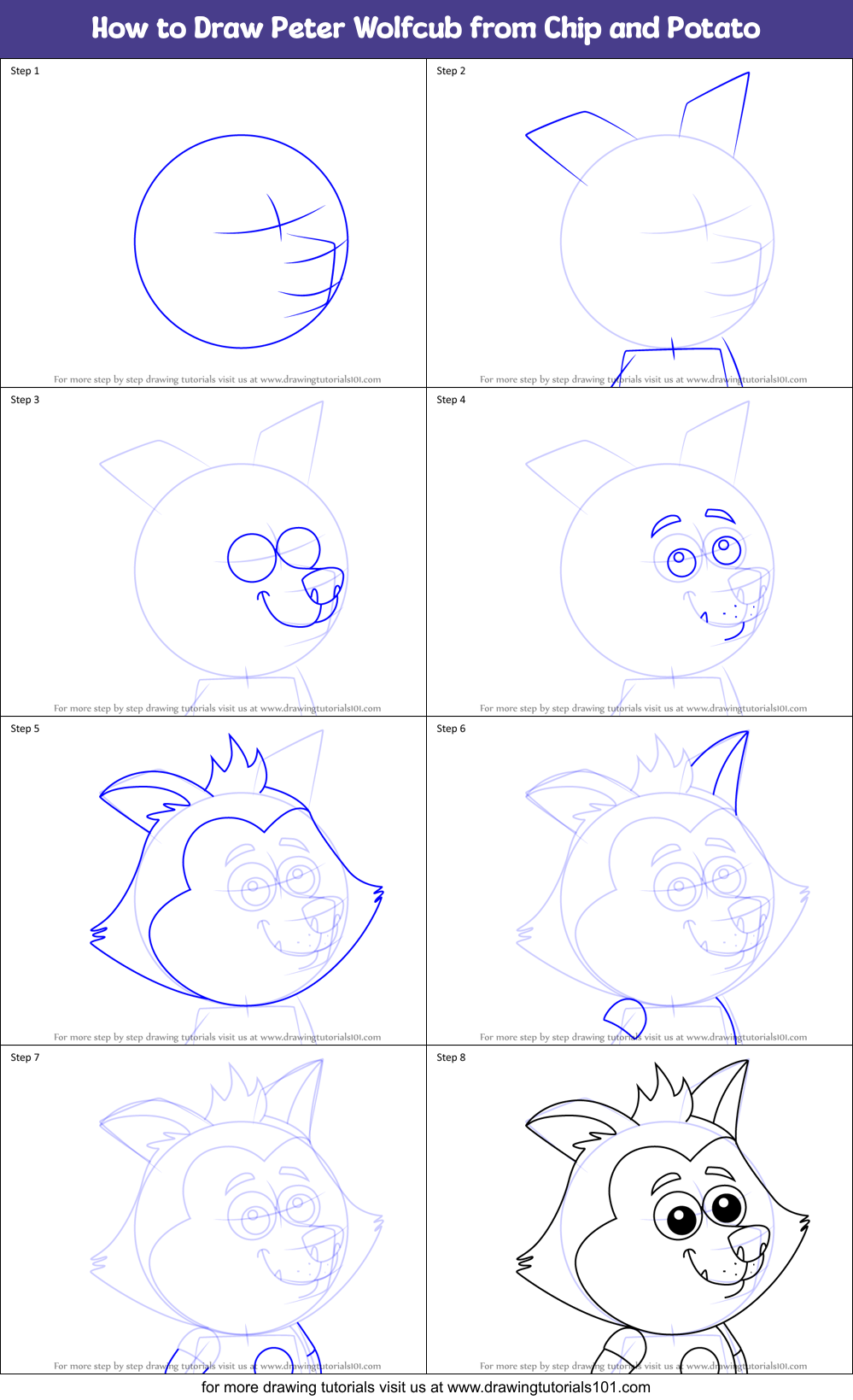 How to Draw Peter Wolfcub from Chip and Potato Printable Step by Step