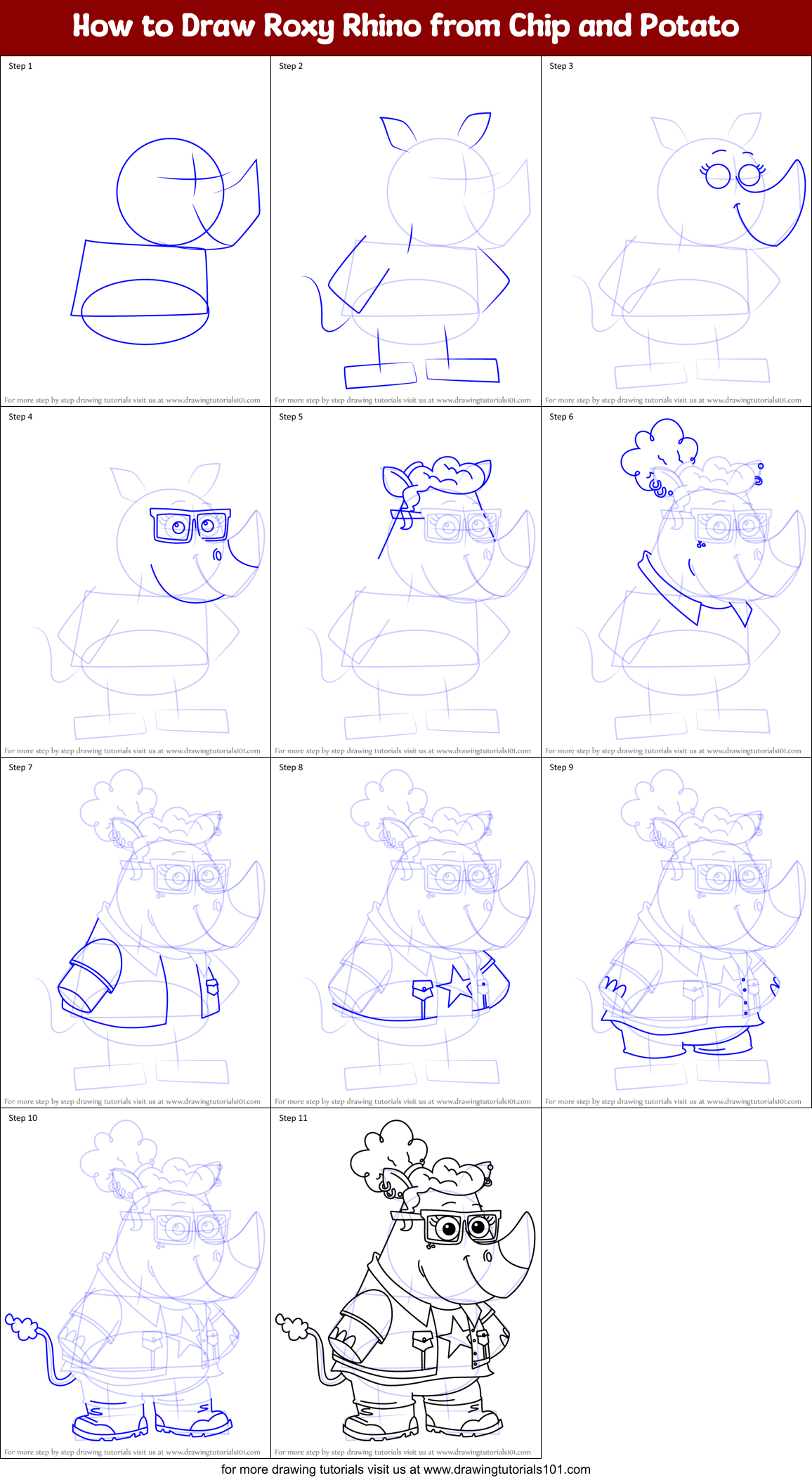 How to Draw Roxy Rhino from Chip and Potato Printable Step by Step