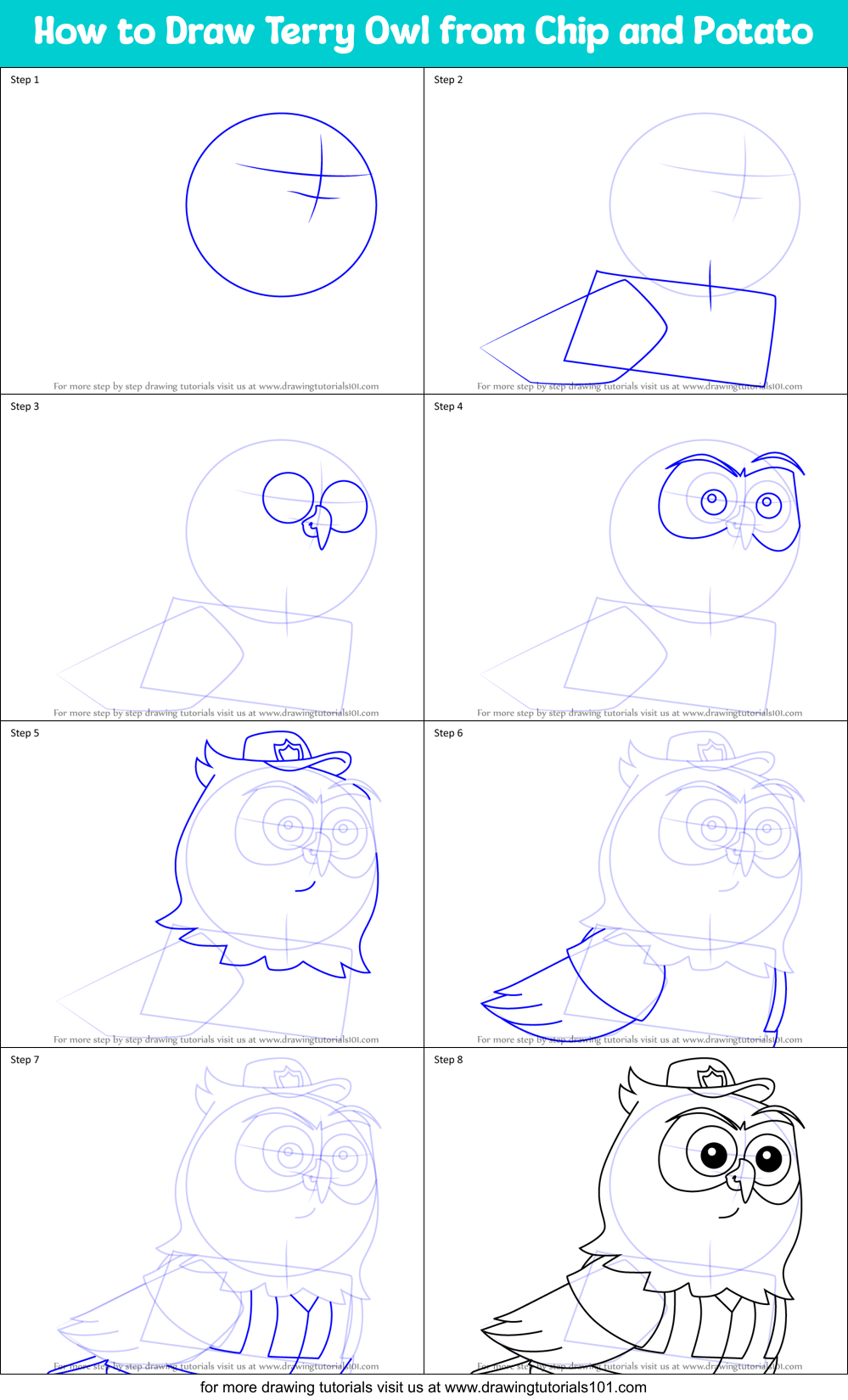 How to Draw Terry Owl from Chip and Potato Printable Step by Step