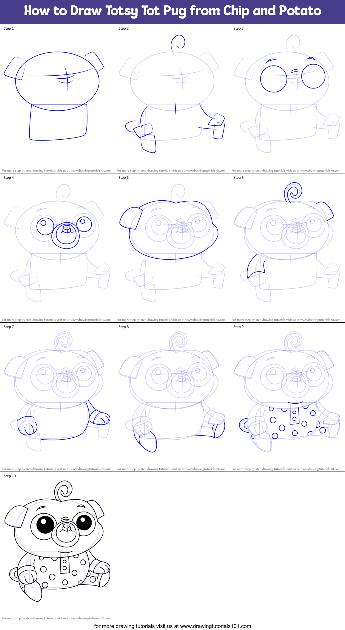How to Draw Totsy Tot Pug from Chip and Potato Printable Step by Step