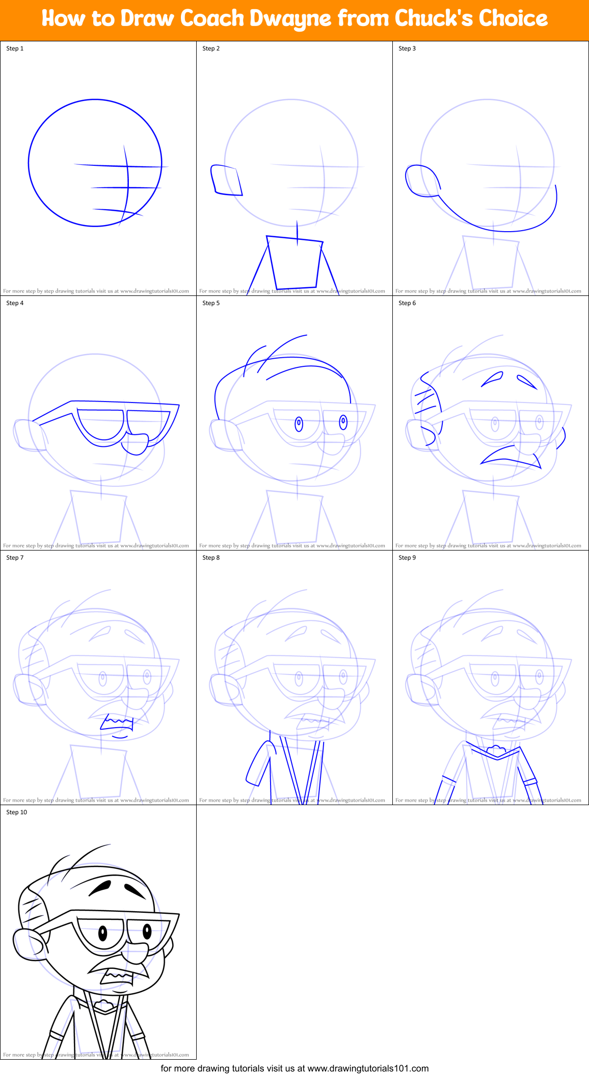 How to Draw Coach Dwayne from Chuck's Choice Printable Step by Step