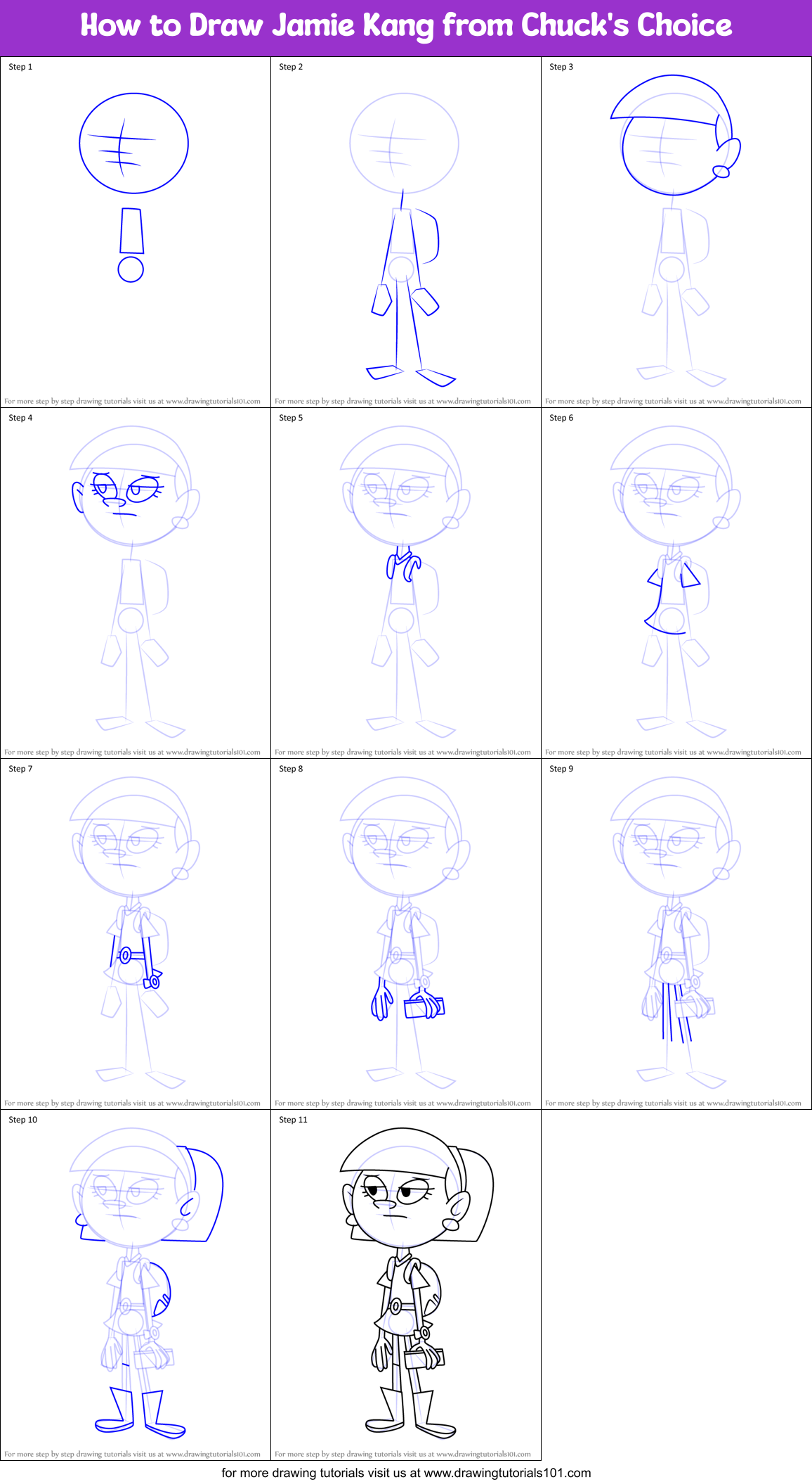 How to Draw Jamie Kang from Chuck's Choice Printable Step by Step