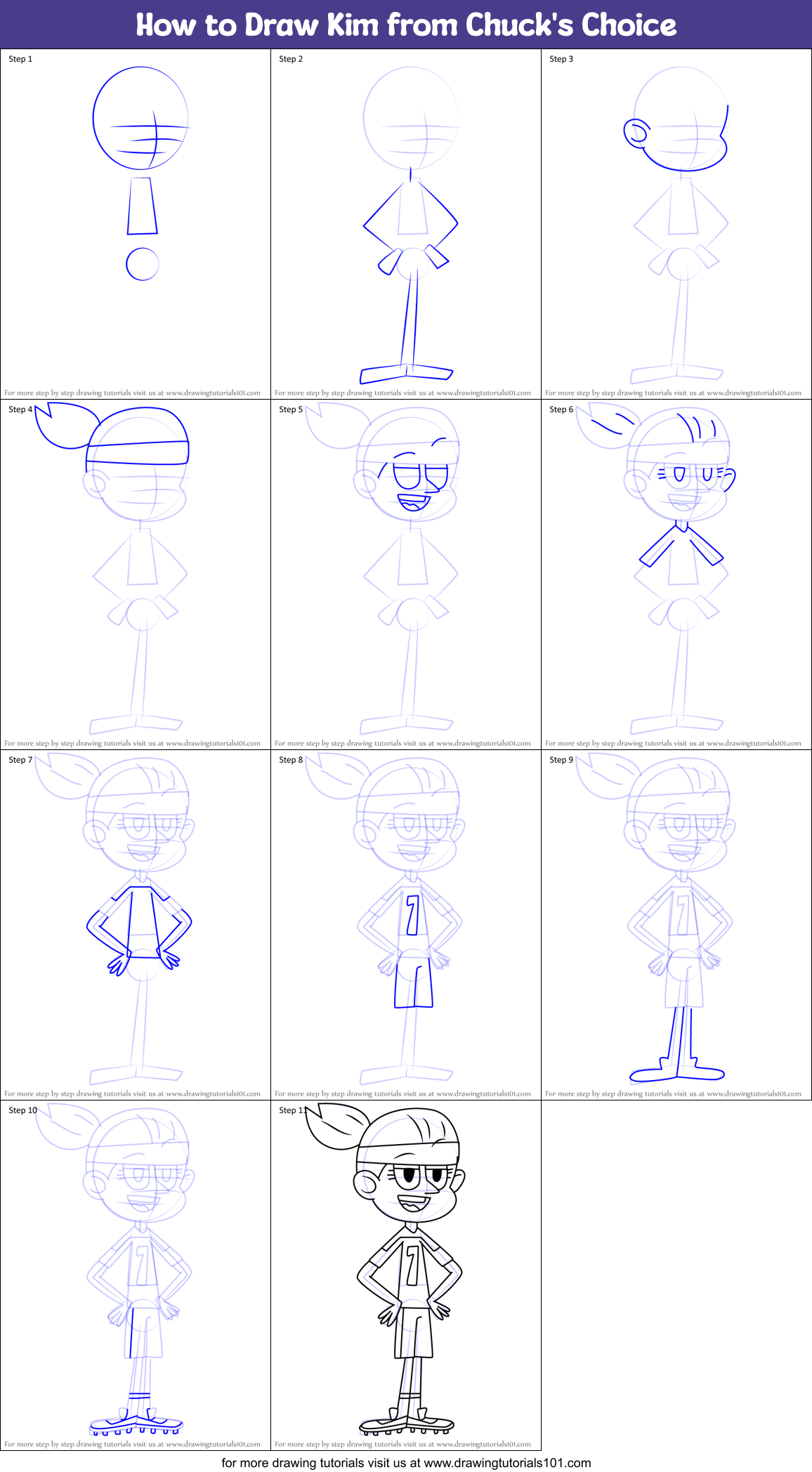 How to Draw Kim from Chuck's Choice Printable Step by Step