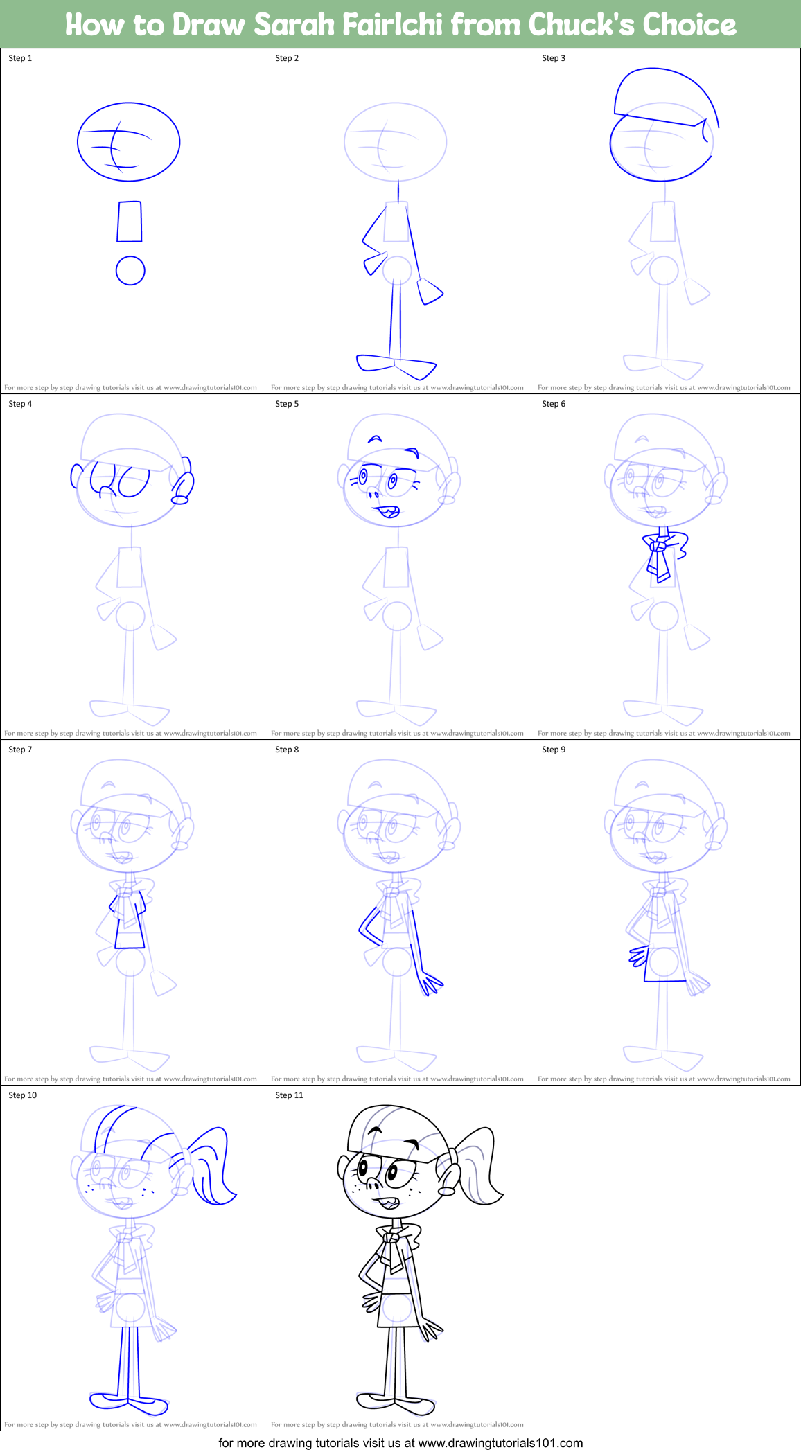 How to Draw Sarah Fairlchi from Chuck's Choice Printable Step by Step