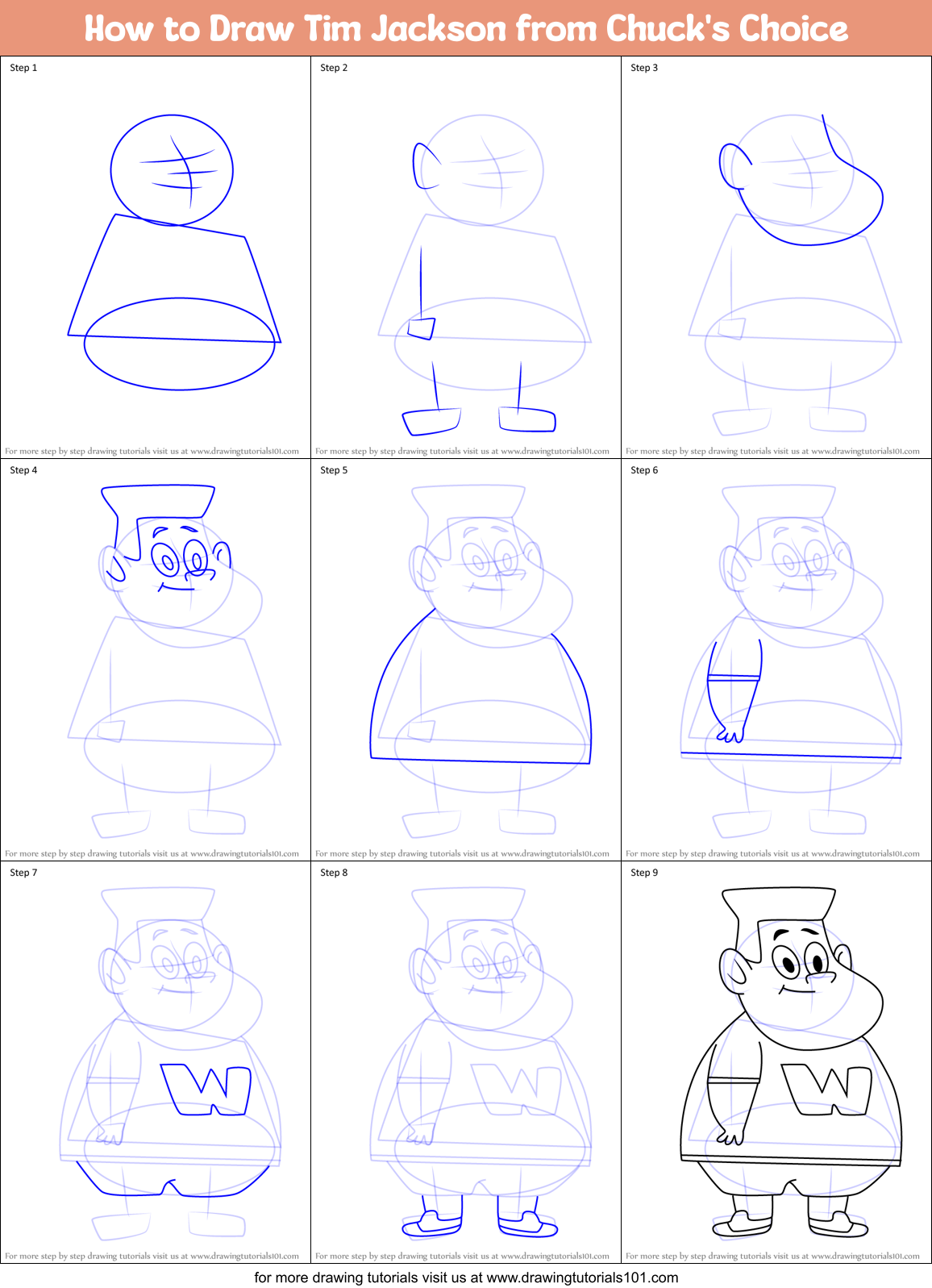 How to Draw Tim Jackson from Chuck's Choice Printable Step by Step