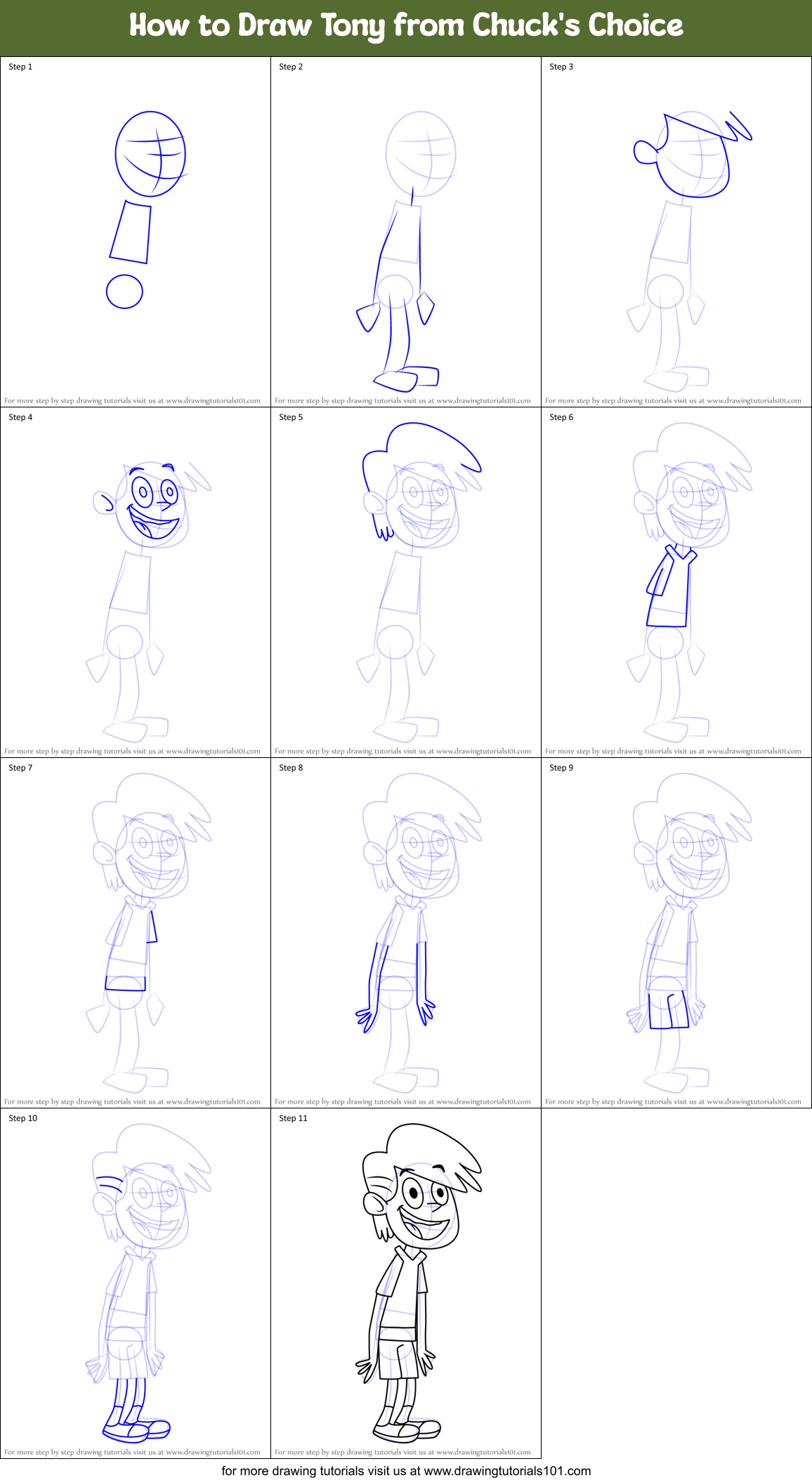 How to Draw Tony from Chuck's Choice Printable Step by Step
