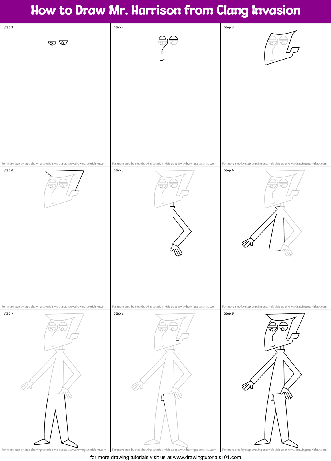 How to Draw Mr. Harrison from Clang Invasion Printable Step by Step