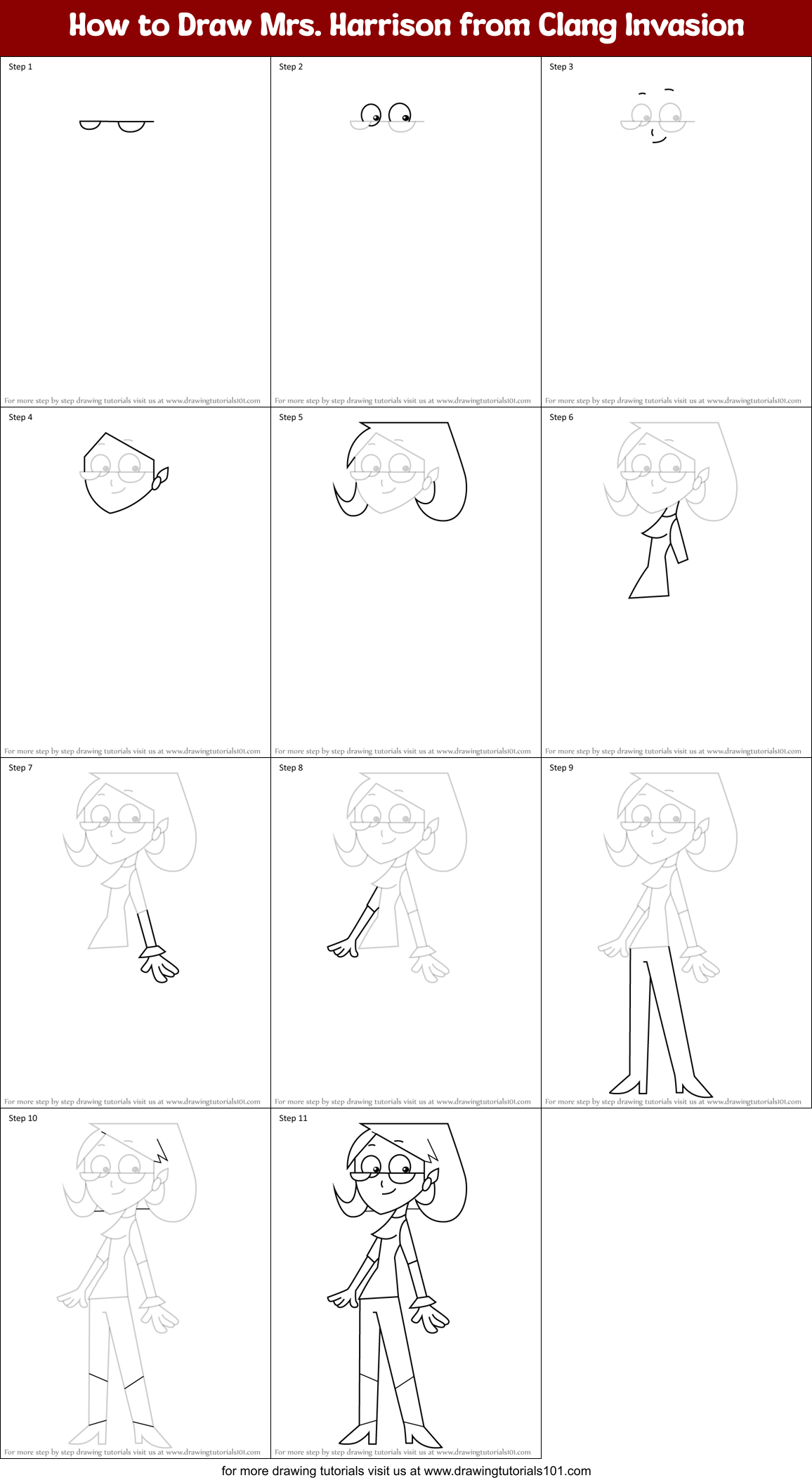 How to Draw Mrs. Harrison from Clang Invasion Printable Step by Step