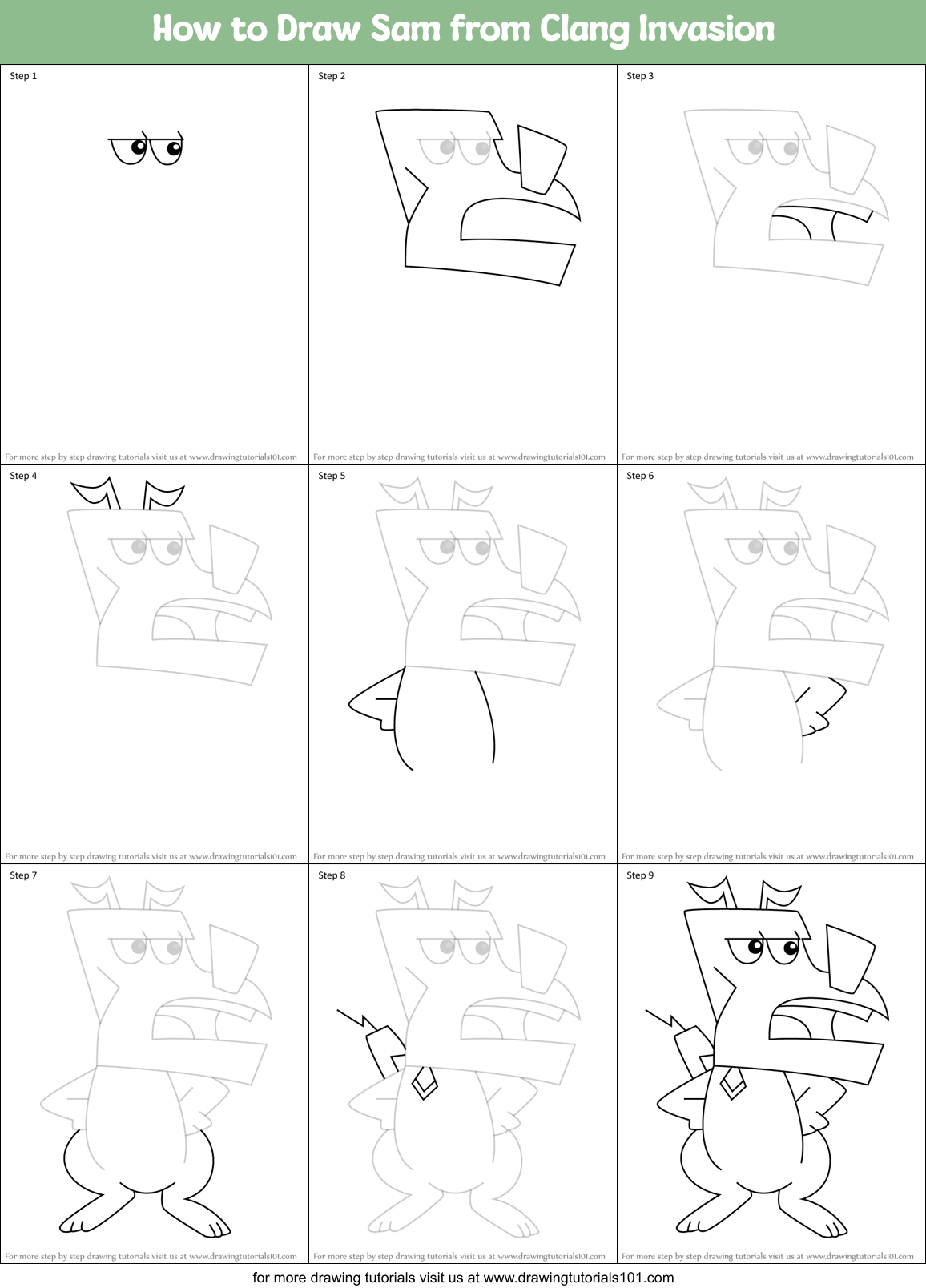 How to Draw Sam from Clang Invasion Printable Step by Step