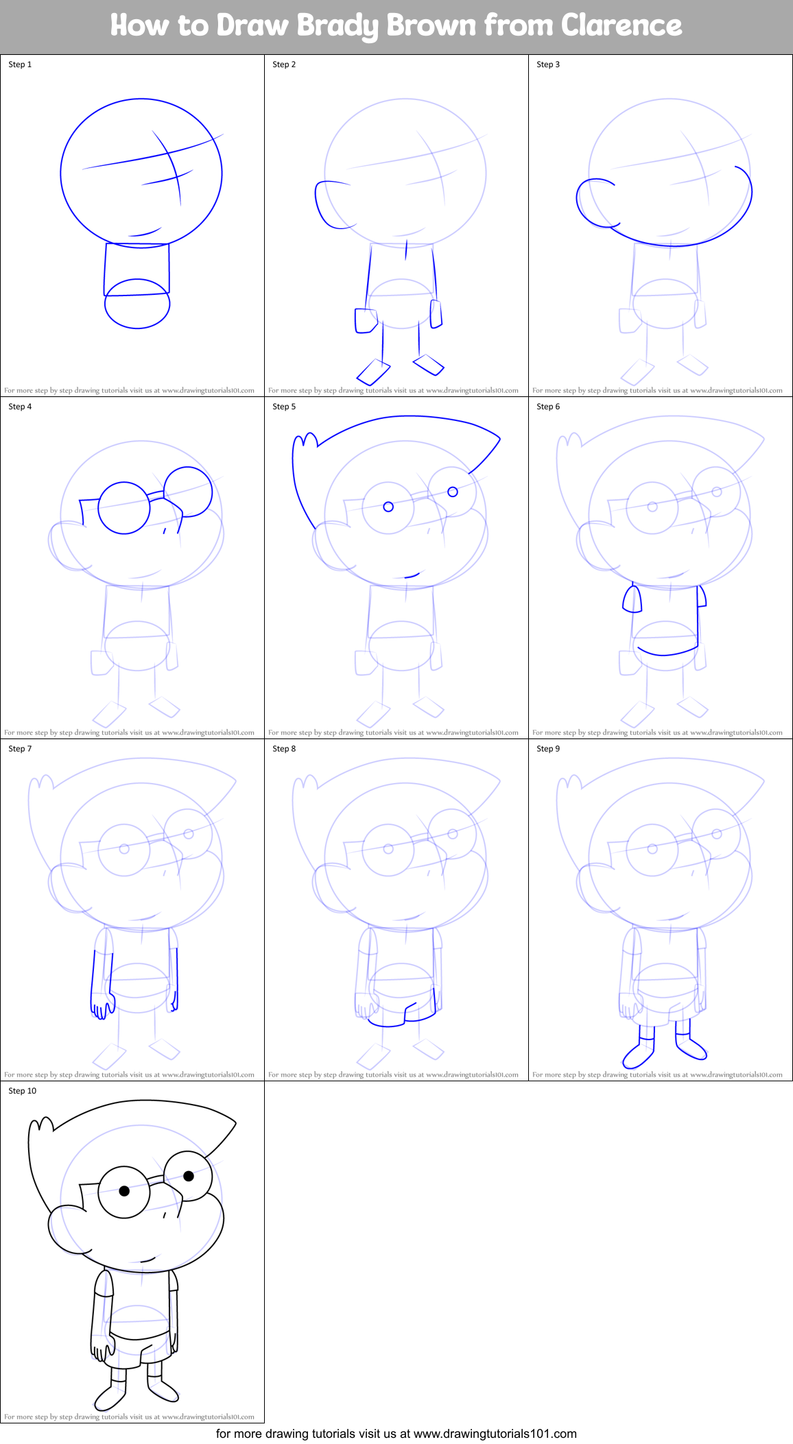 How to Draw Brady Brown from Clarence Printable Step by Step