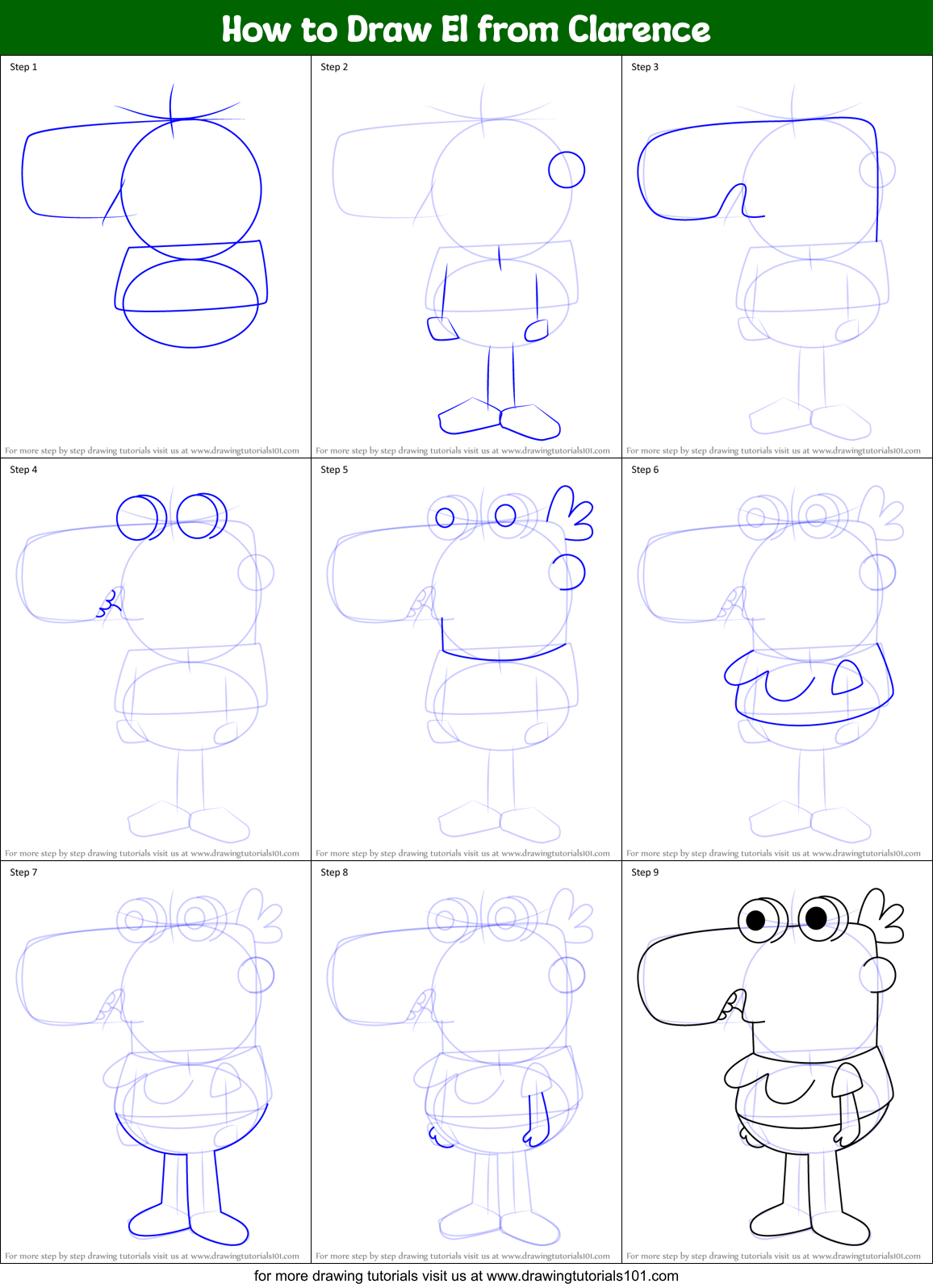 How to Draw El from Clarence Printable Step by Step