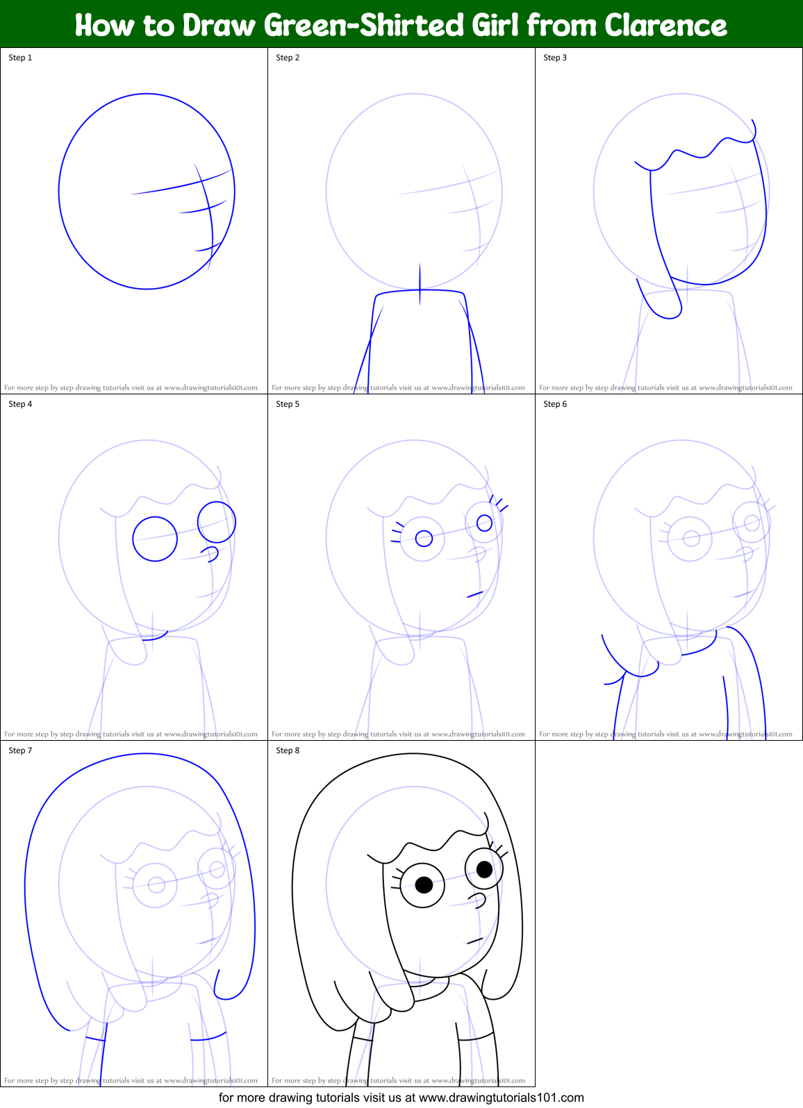 How to Draw Green-Shirted Girl from Clarence Printable Step by Step