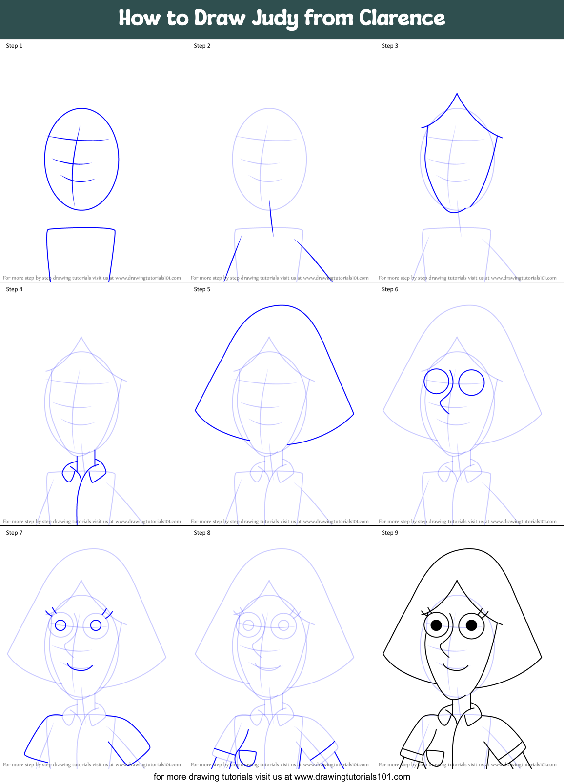 How to Draw Judy from Clarence Printable Step by Step
